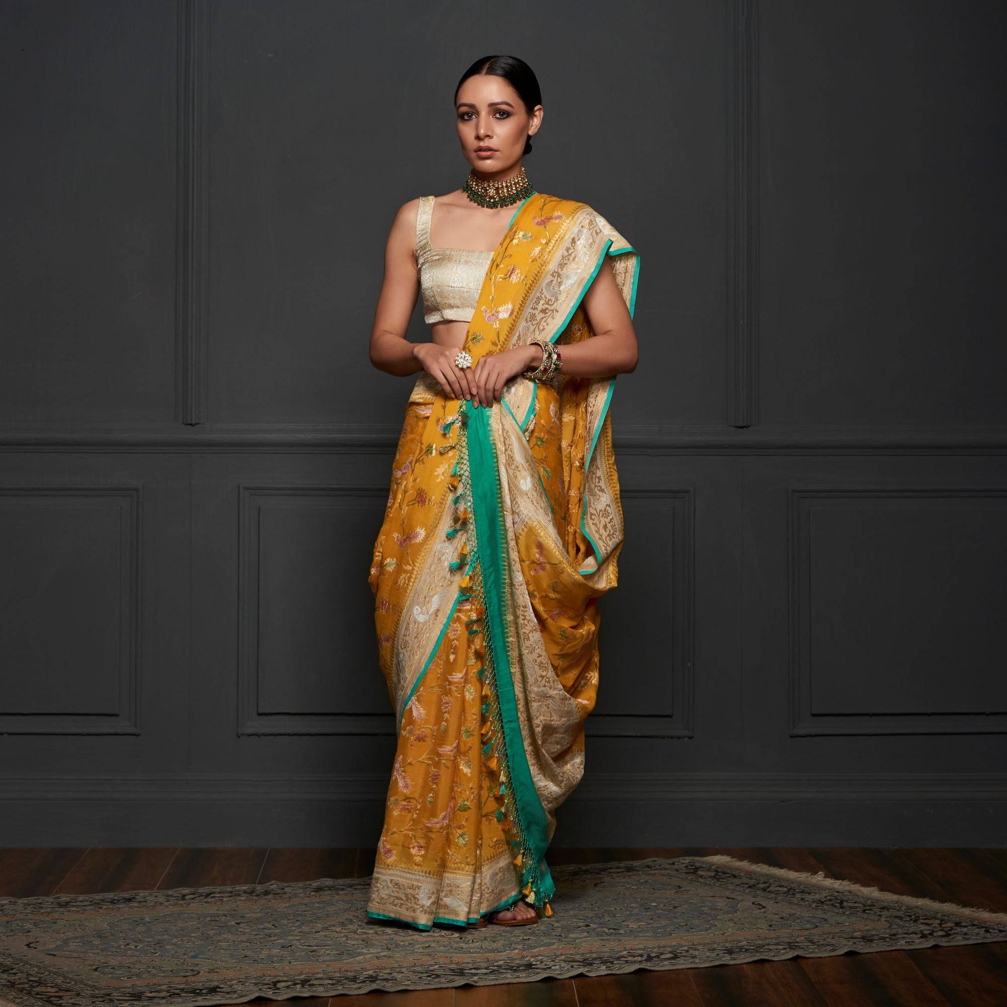 Yellow Georgette Handloom Banarasi Birds of Paradise Saree