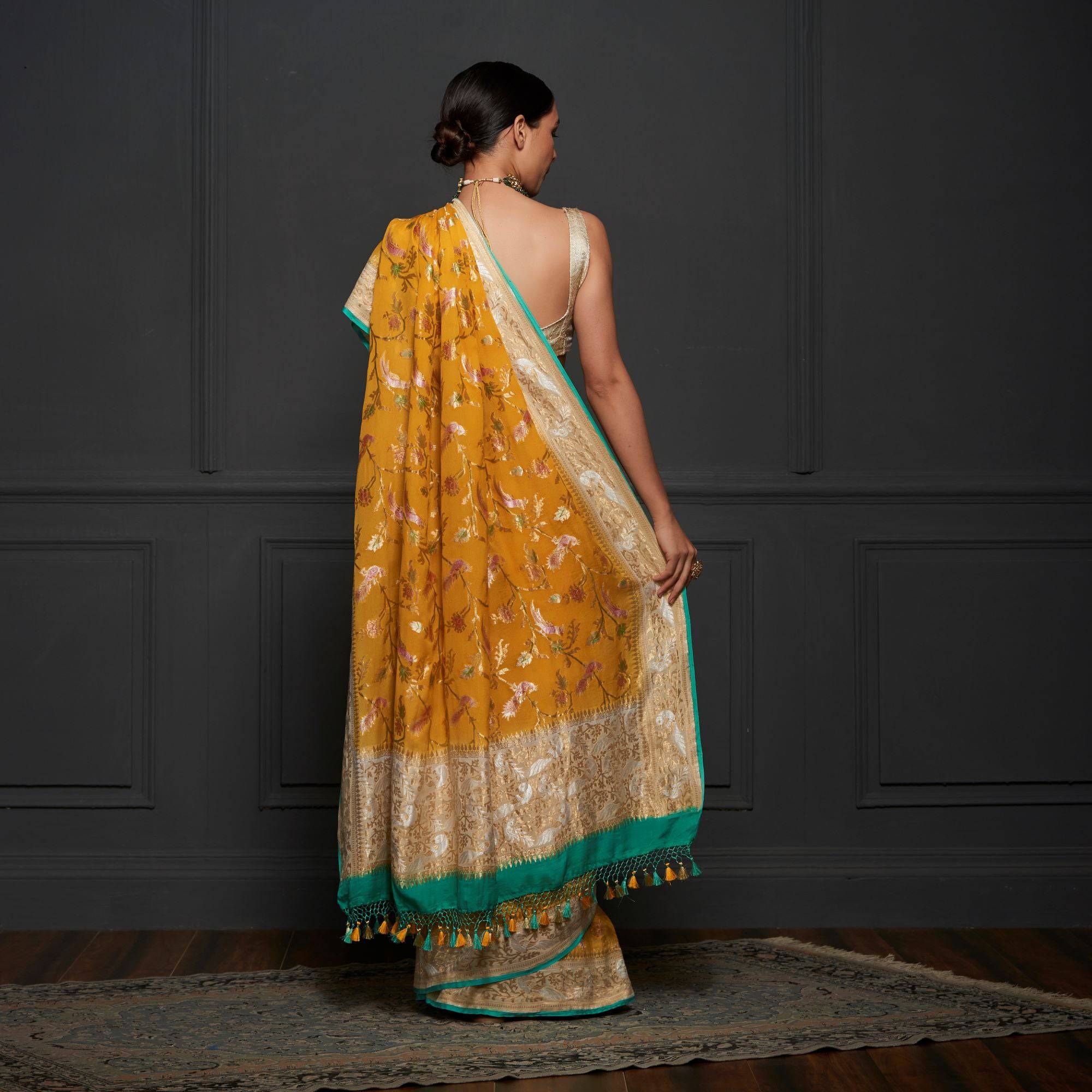 Yellow Georgette Handloom Banarasi Birds of Paradise Saree