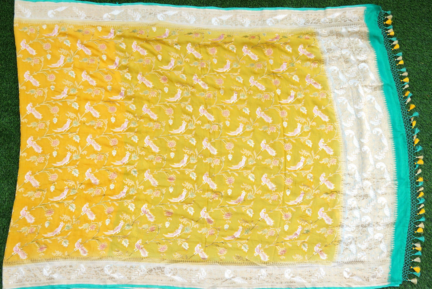 Yellow Georgette Handloom Banarasi Birds of Paradise Saree