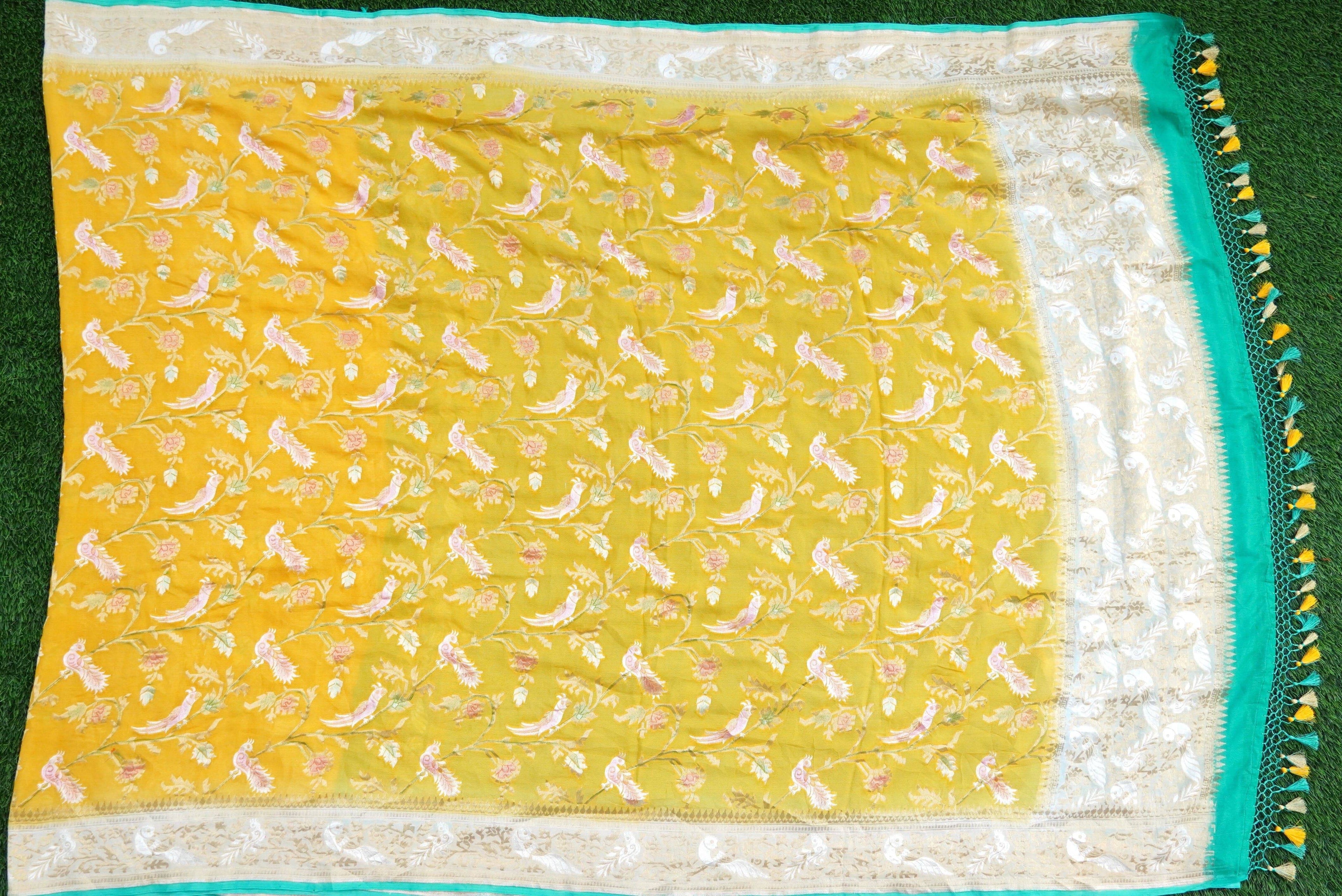 Yellow Georgette Handloom Banarasi Birds of Paradise Saree