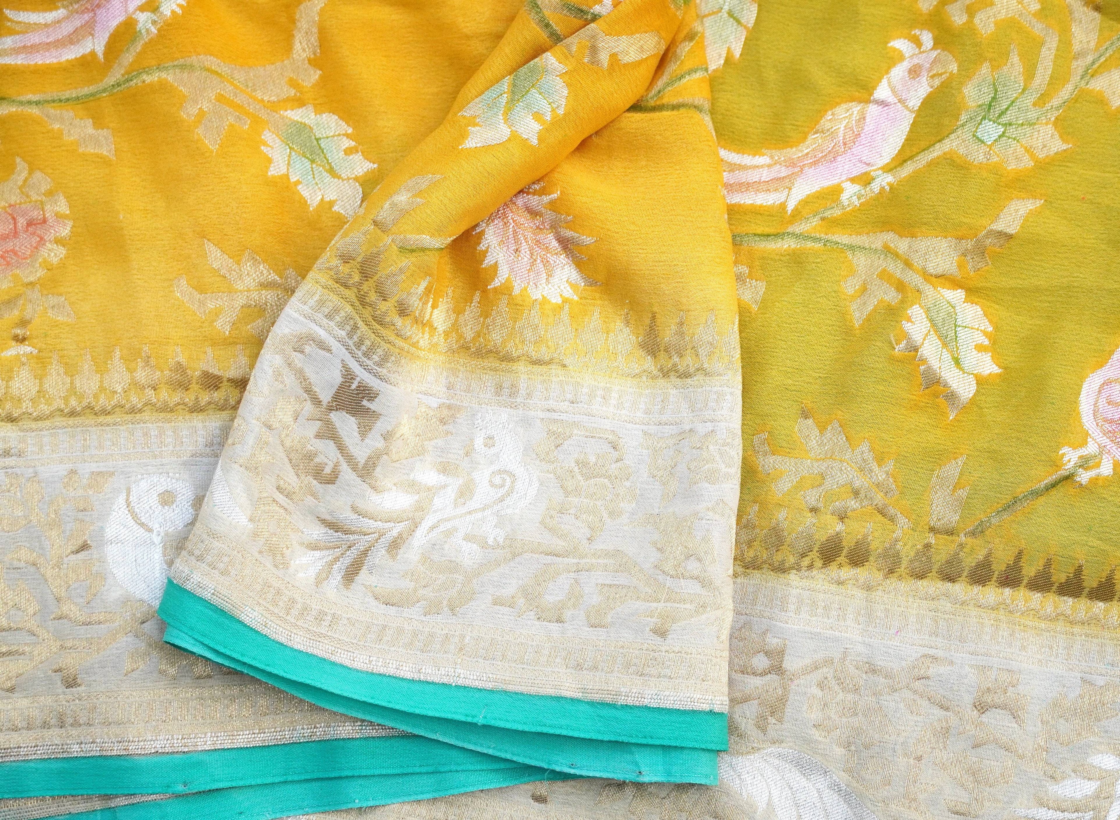 Yellow Georgette Handloom Banarasi Birds of Paradise Saree