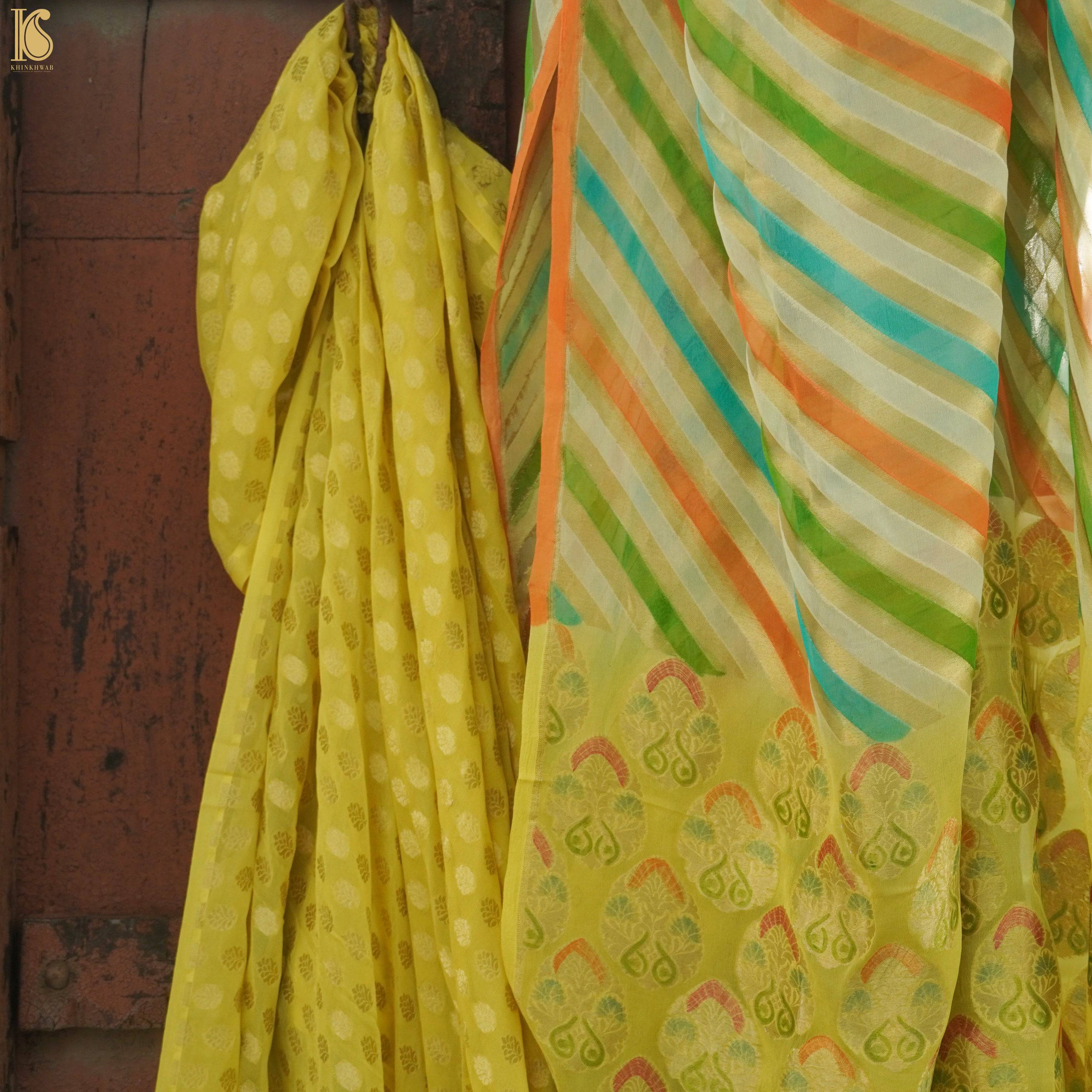 Yellow Stripes Chiffon Georgette Handloom Banarasi Saree