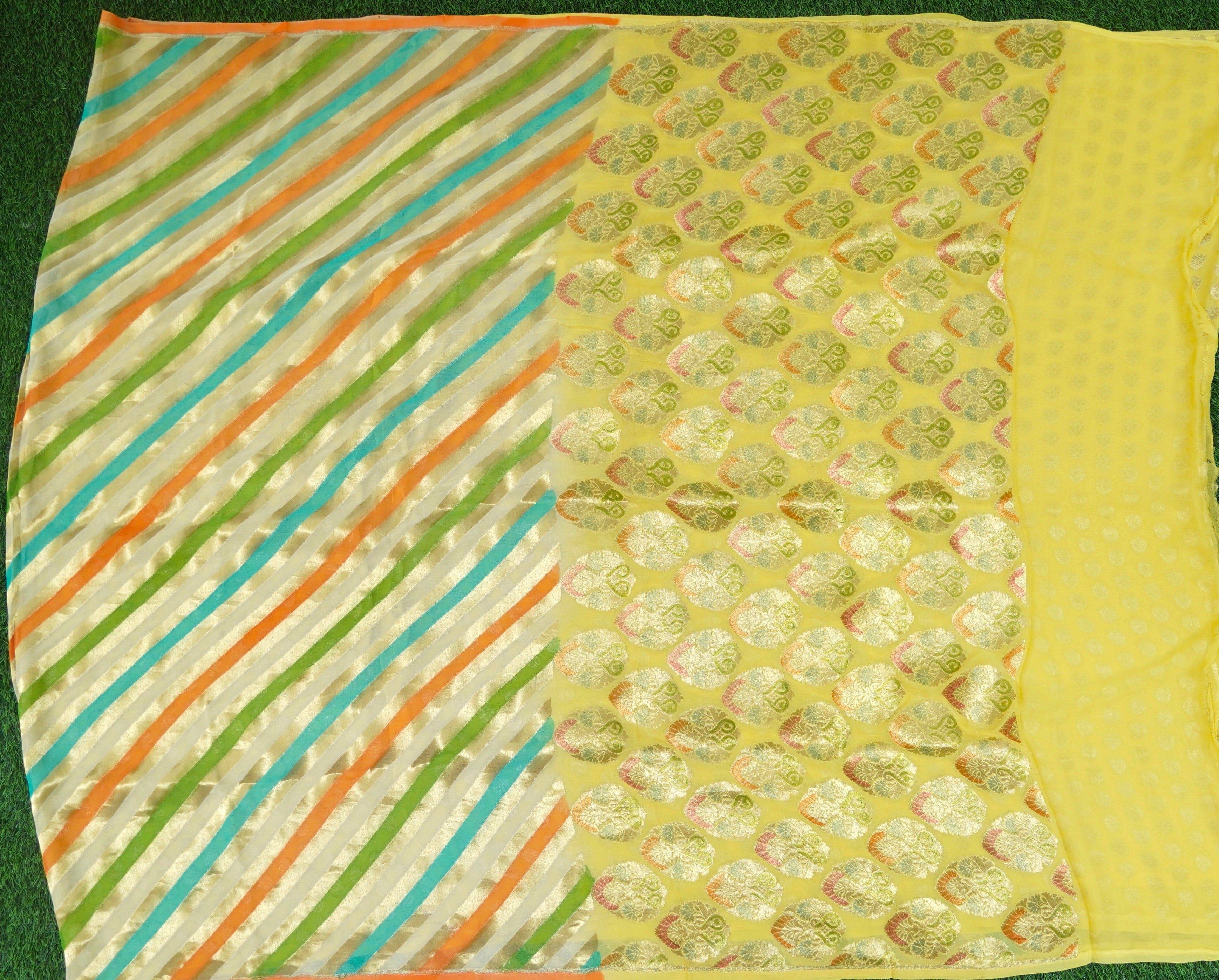Yellow Stripes Chiffon Georgette Handloom Banarasi Saree
