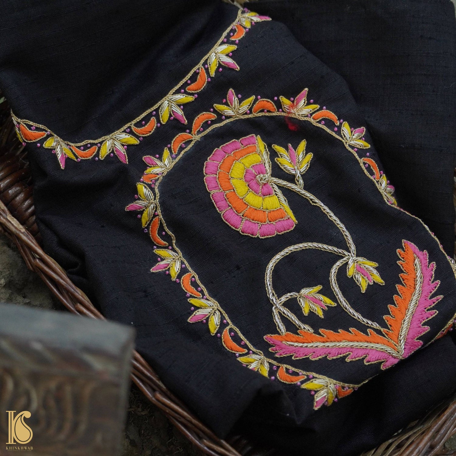 Hand Embroidered Pure Raw Silk Black Blouse Fabric