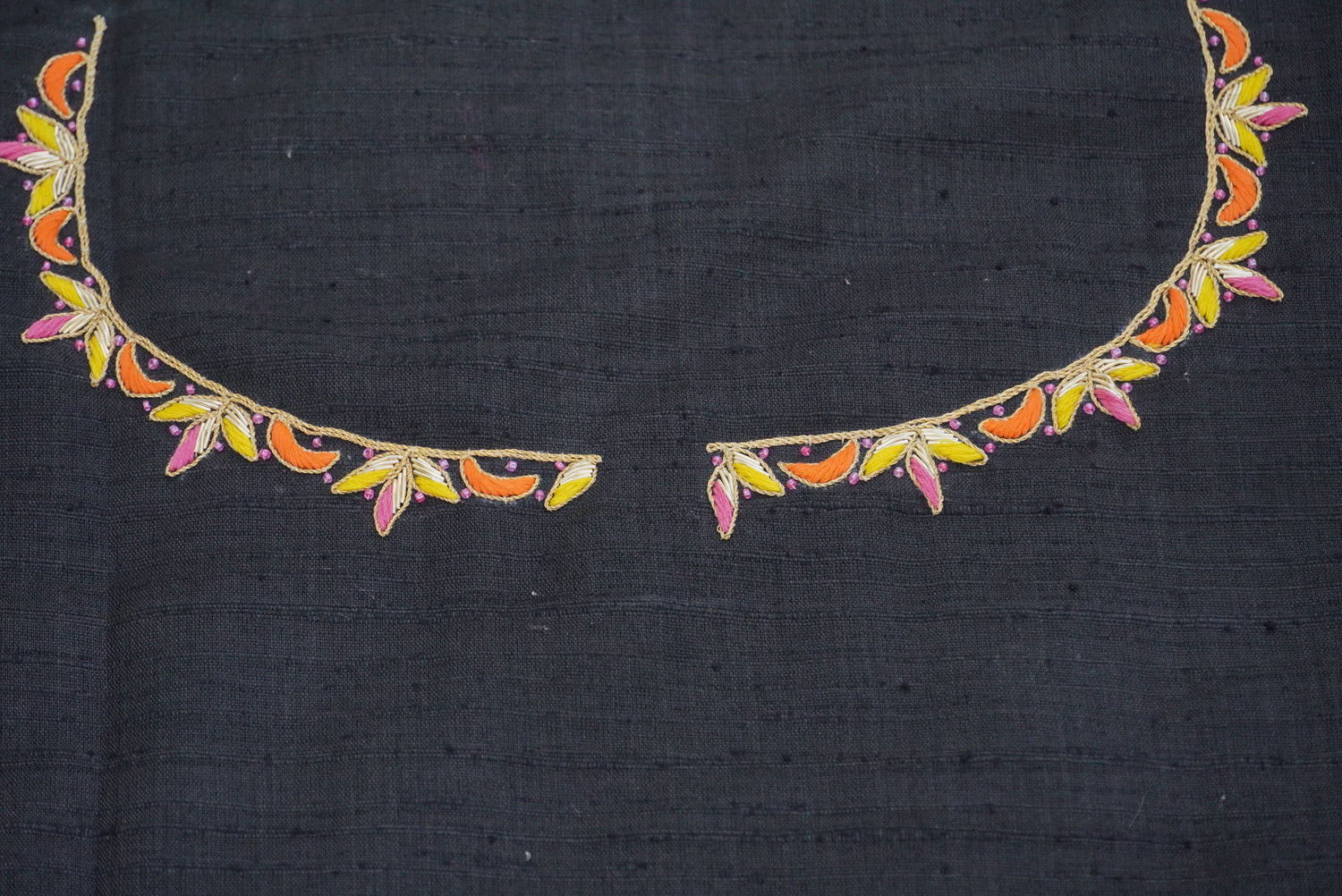 Hand Embroidered Pure Raw Silk Black Blouse Fabric