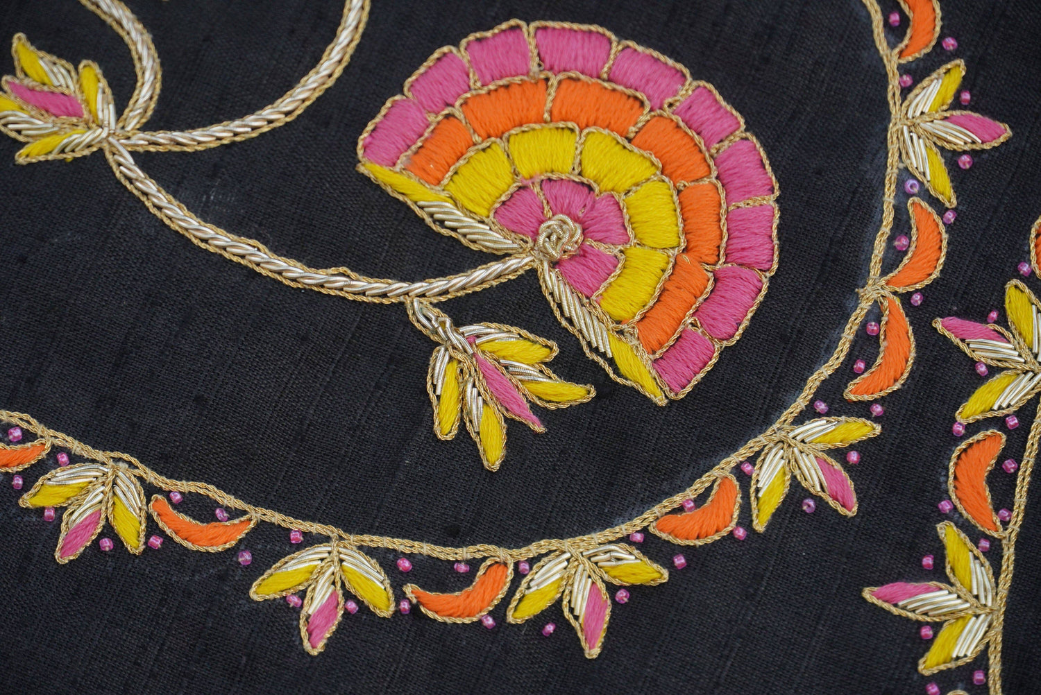 Hand Embroidered Pure Raw Silk Black Blouse Fabric
