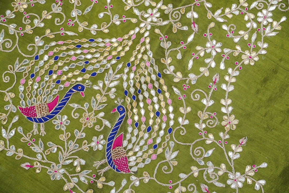 Hand Embroidered Pure Raw Silk Green Blouse Fabric