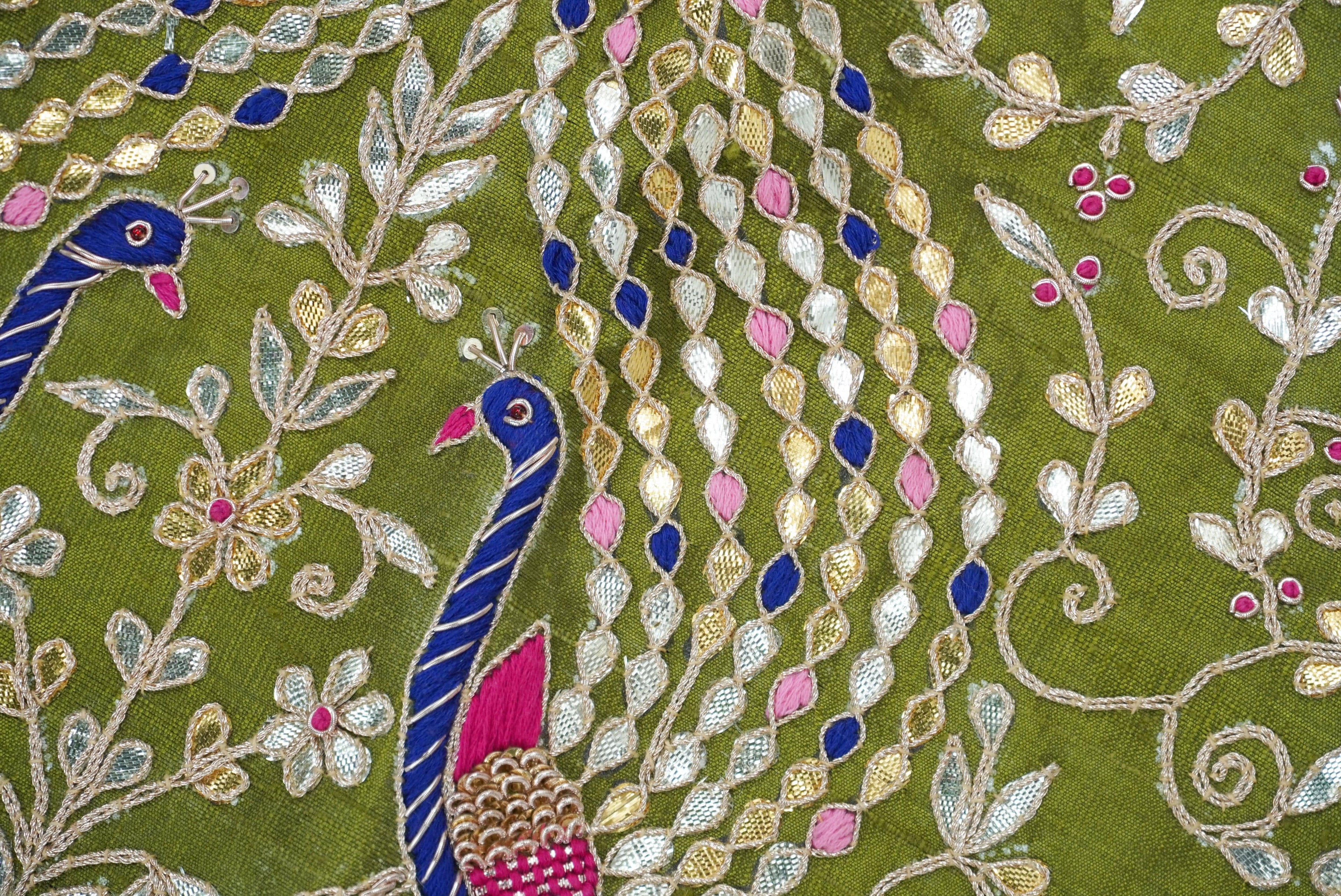 Hand Embroidered Pure Raw Silk Green Blouse Fabric