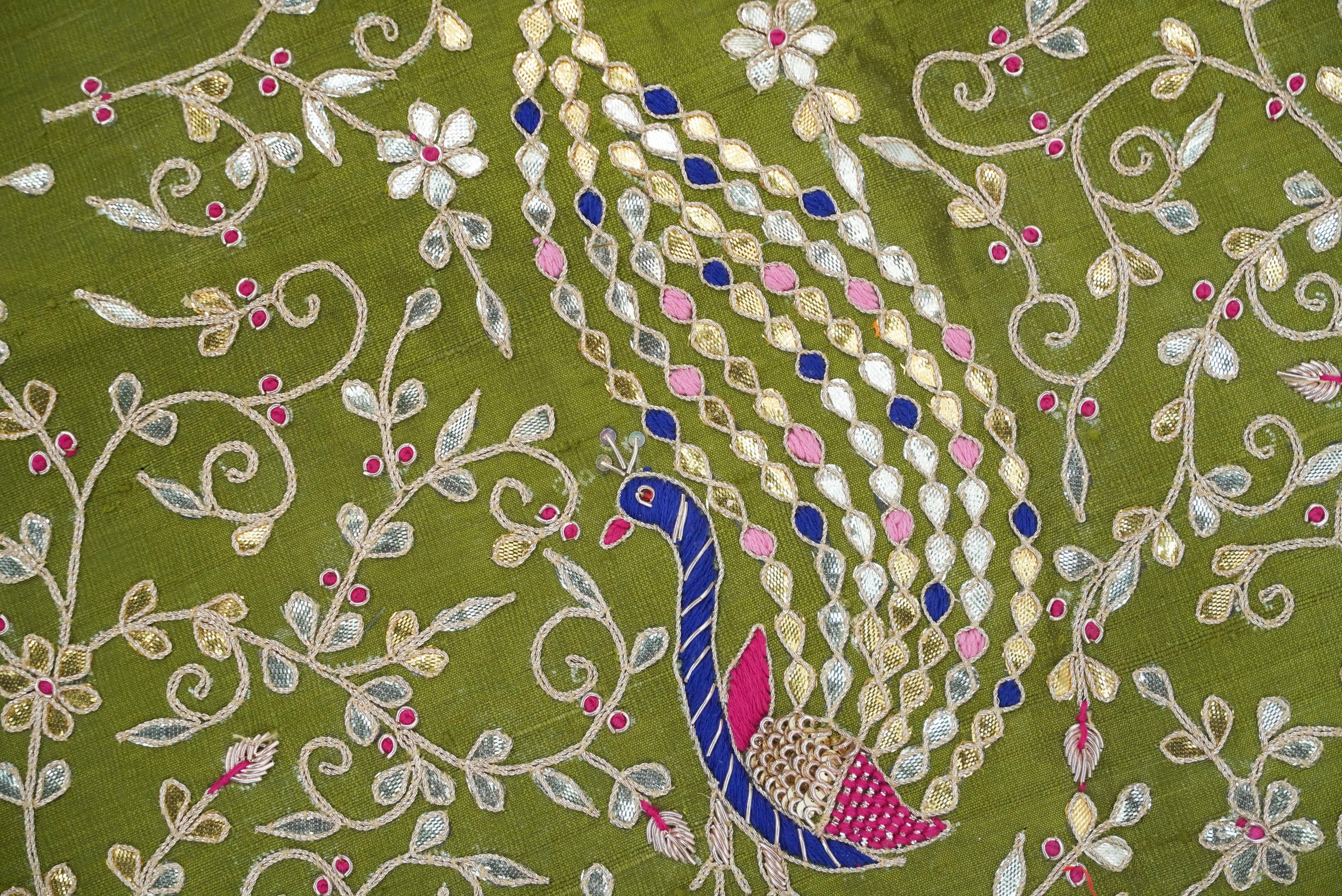 Hand Embroidered Pure Raw Silk Green Blouse Fabric