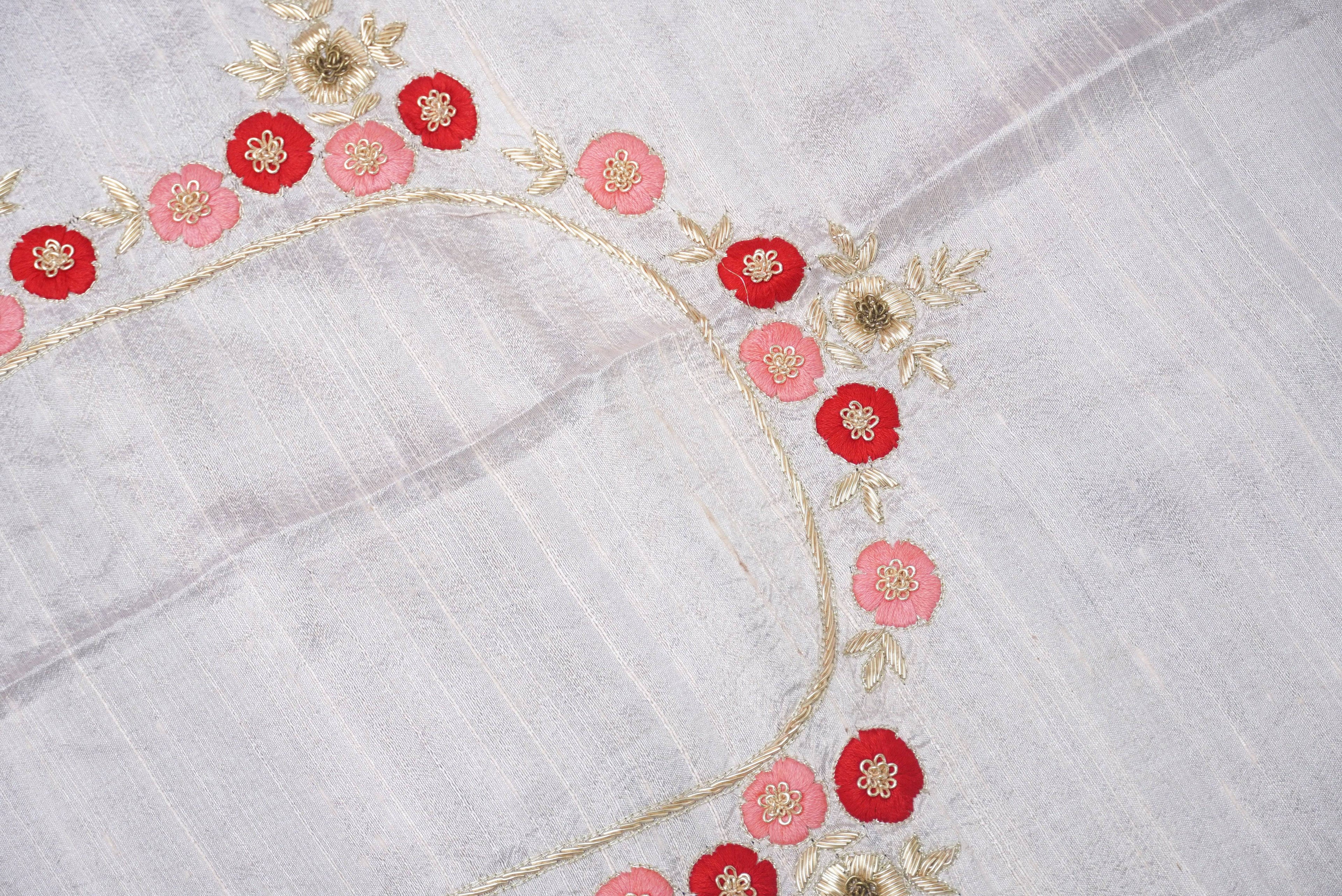 Hand Embroidered Pure Raw Silk White Blouse Fabric