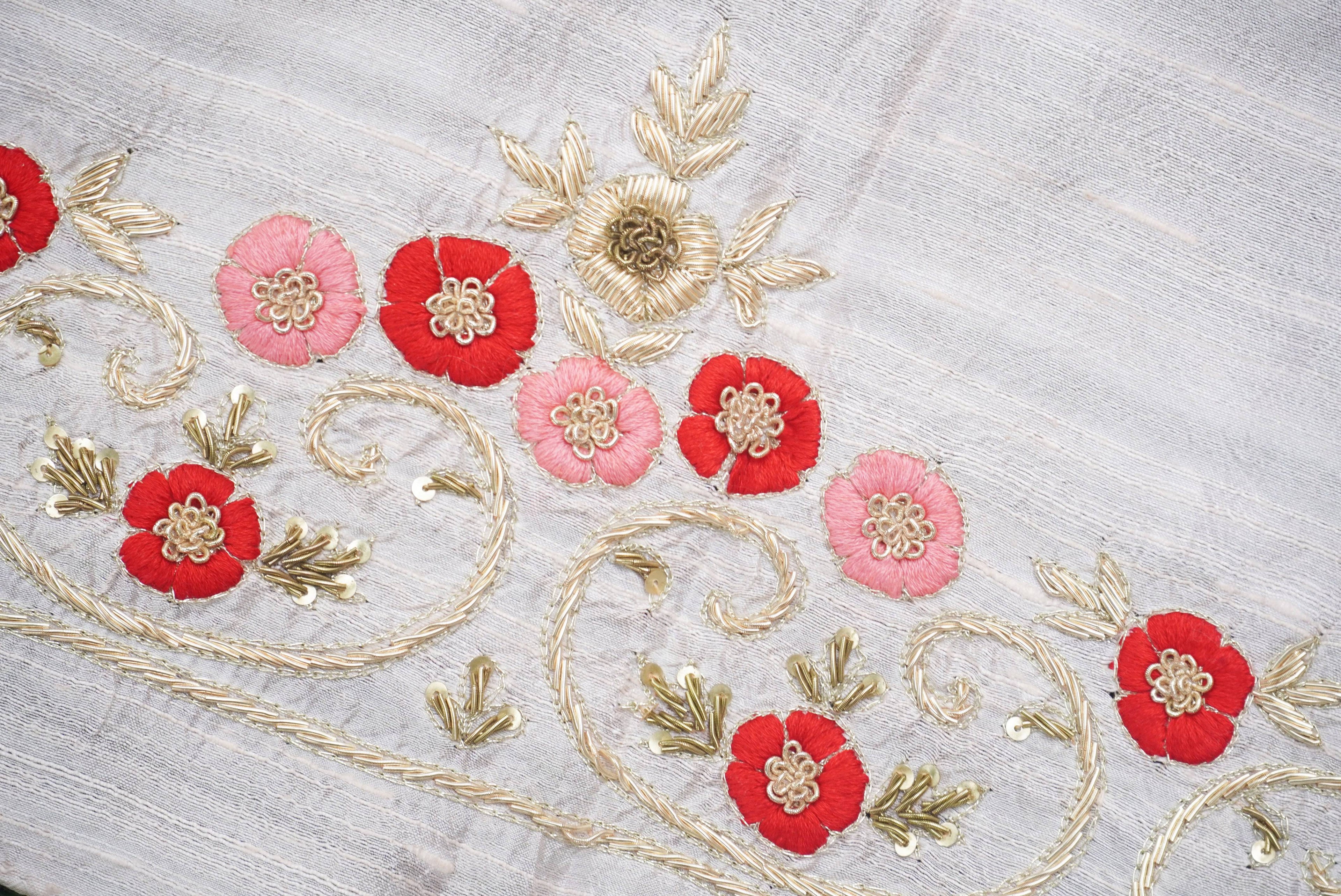 Hand Embroidered Pure Raw Silk White Blouse Fabric