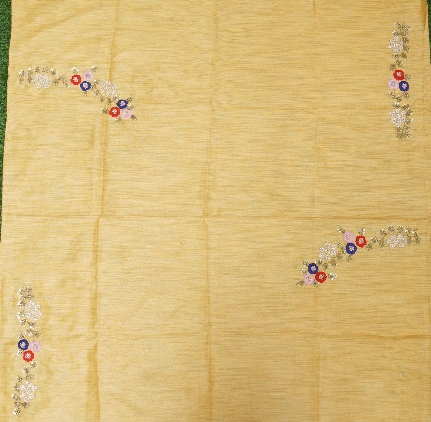 Hand Embroidered Pure Raw Silk Yellow Blouse Fabric