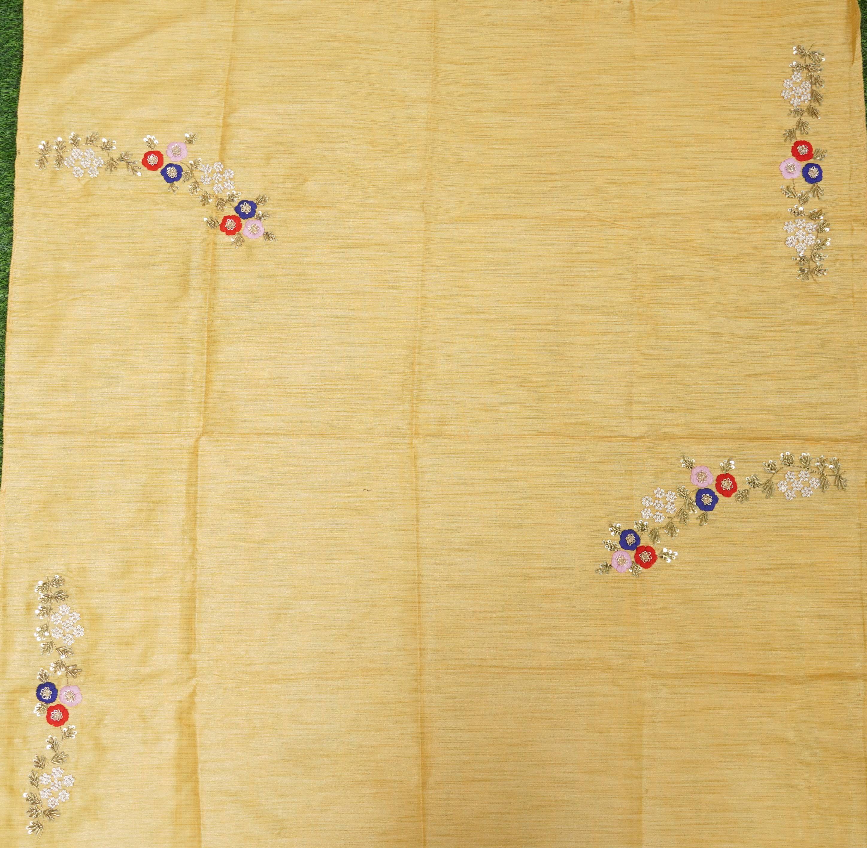 Hand Embroidered Pure Raw Silk Yellow Blouse Fabric