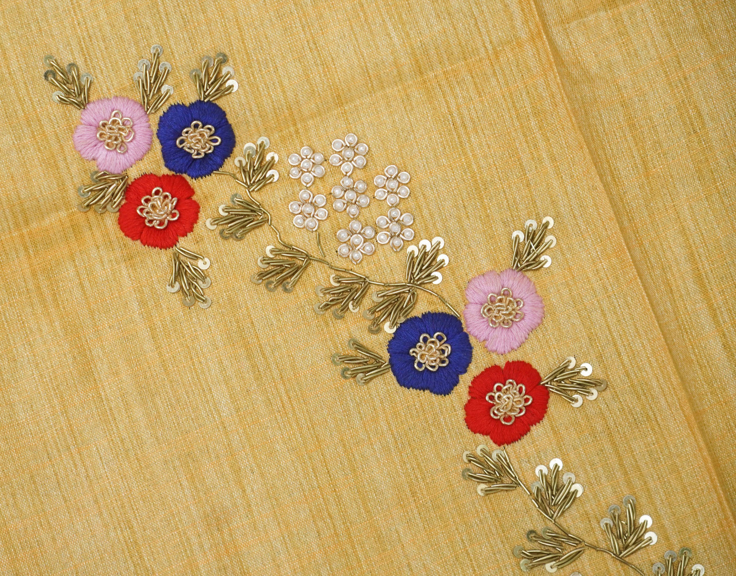 Hand Embroidered Pure Raw Silk Yellow Blouse Fabric