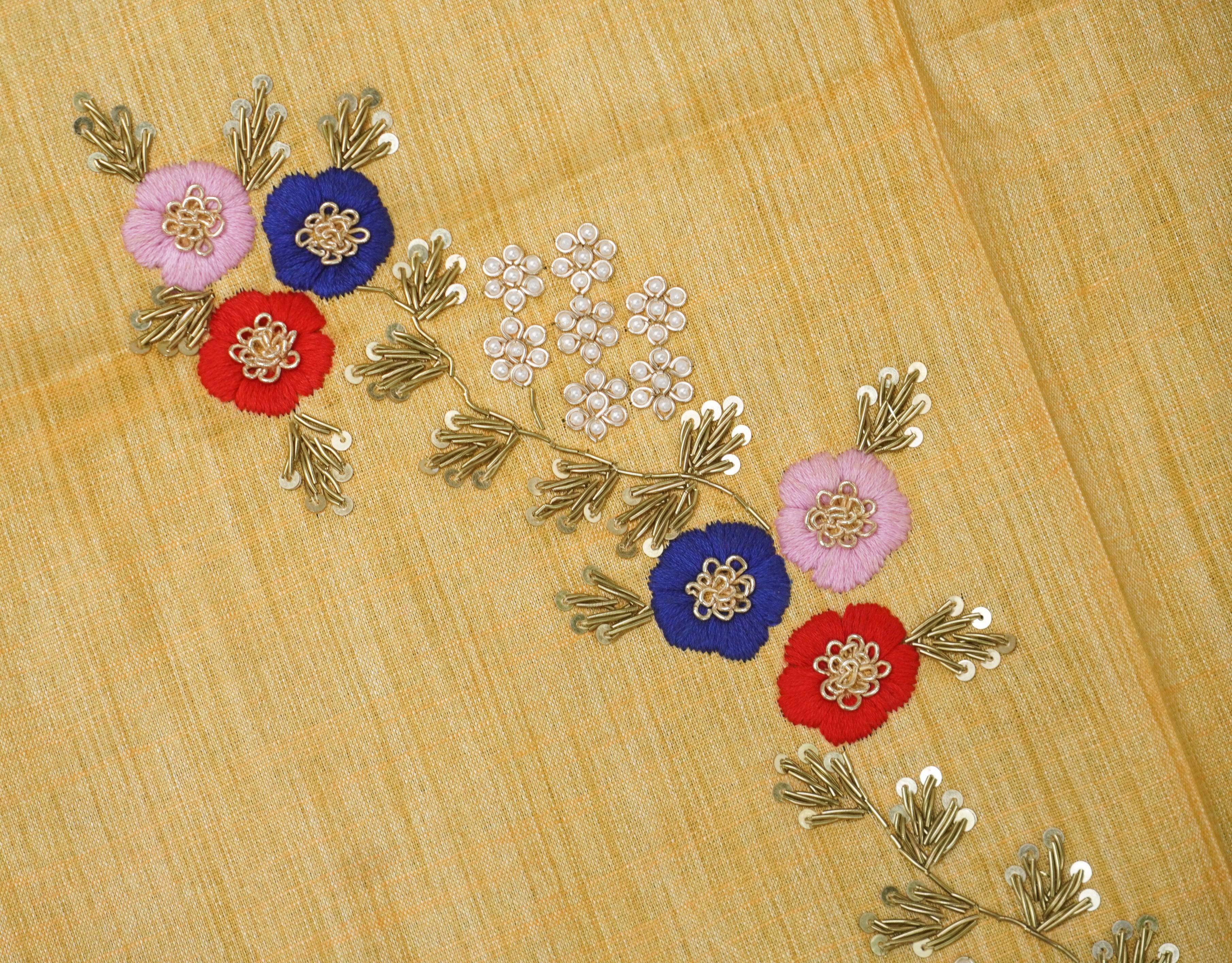 Hand Embroidered Pure Raw Silk Yellow Blouse Fabric