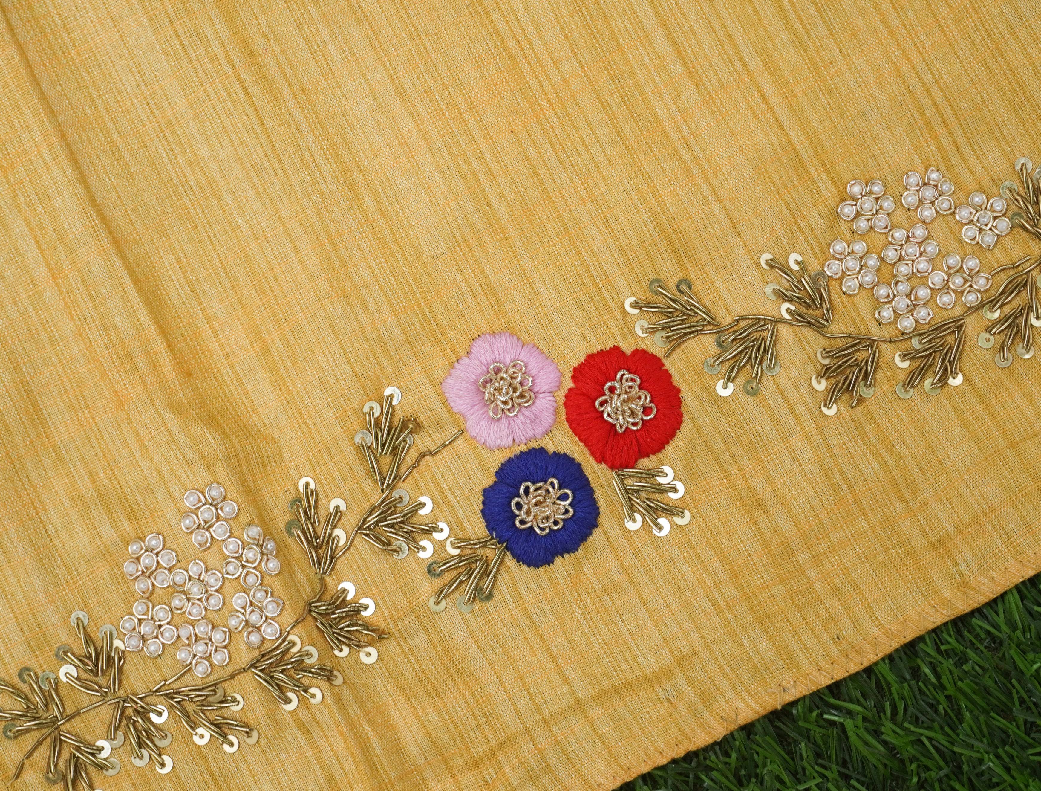 Hand Embroidered Pure Raw Silk Yellow Blouse Fabric