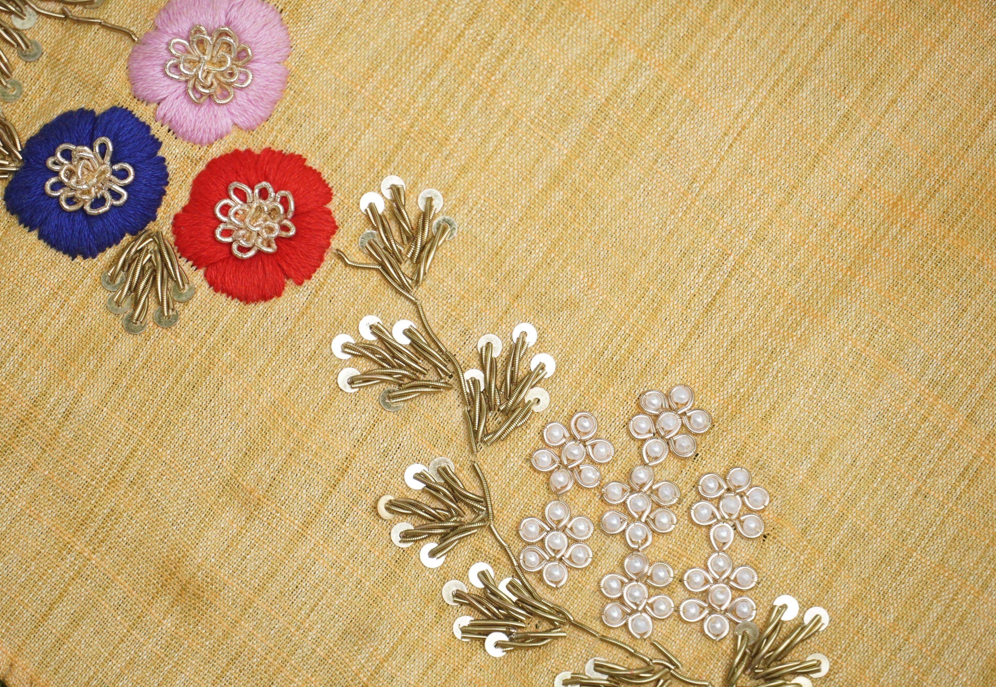 Hand Embroidered Pure Raw Silk Yellow Blouse Fabric