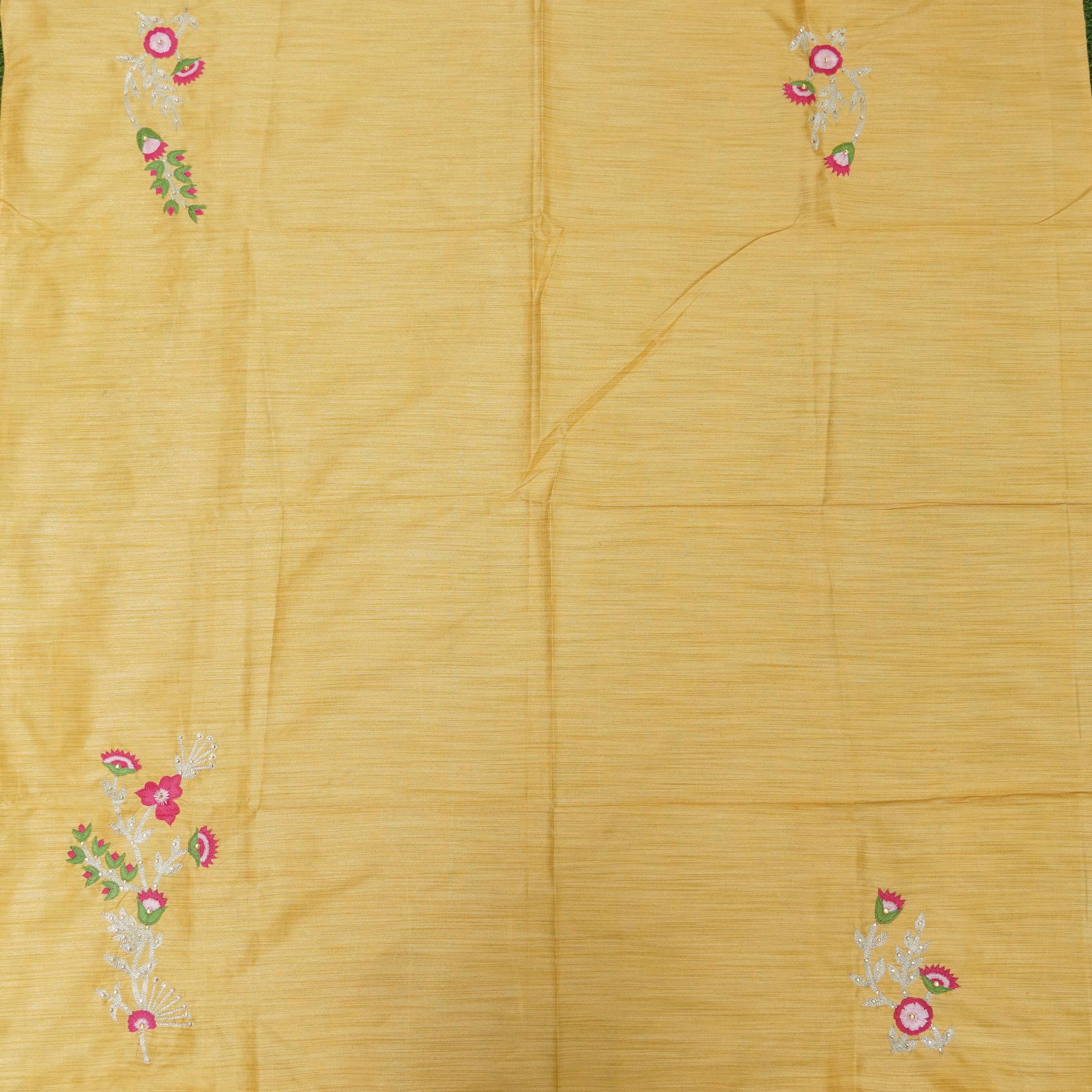 Hand Embroidered Pure Raw Silk Yellow Blouse Fabric