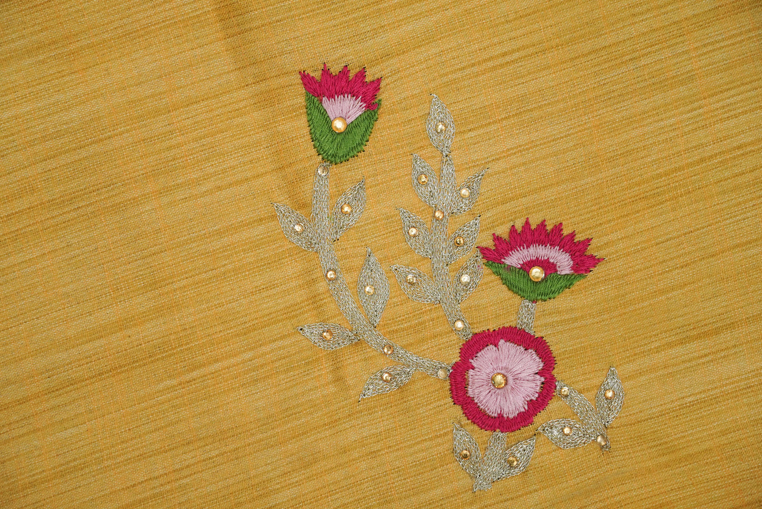 Hand Embroidered Pure Raw Silk Yellow Blouse Fabric