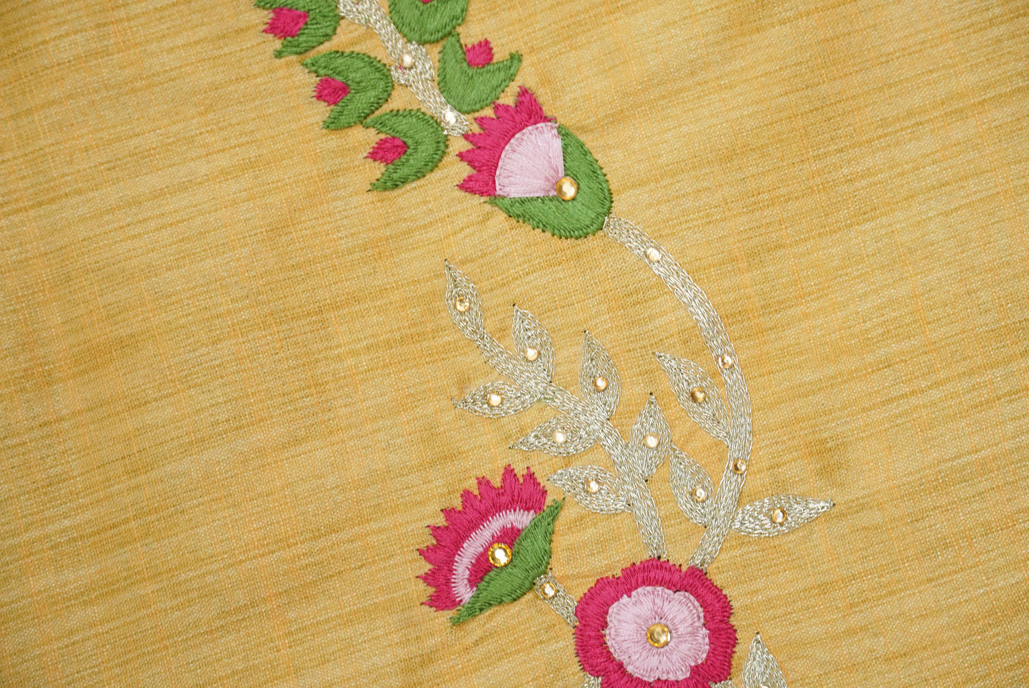 Hand Embroidered Pure Raw Silk Yellow Blouse Fabric