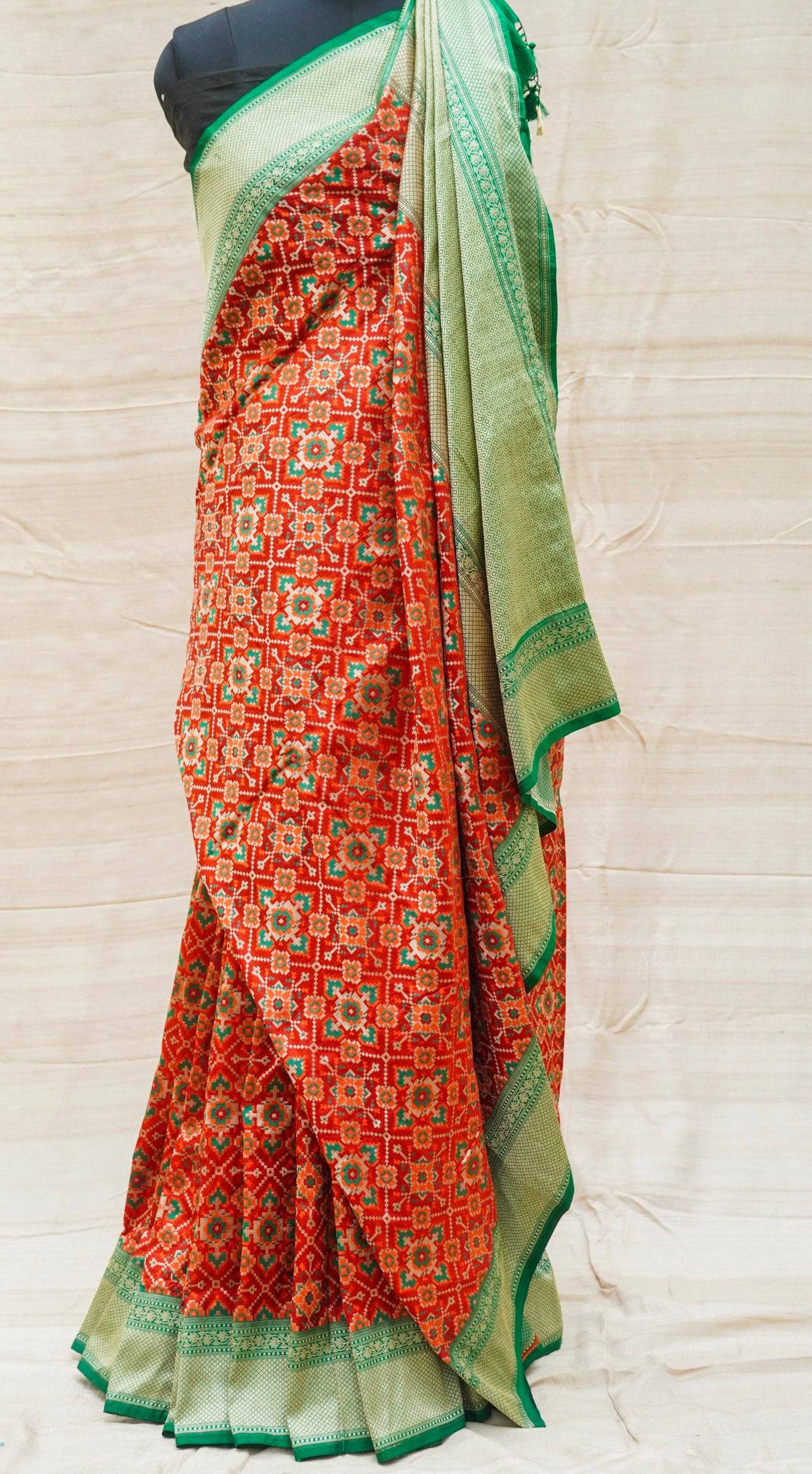 Handloom Katan Silk Red Green Banarasi Saree
