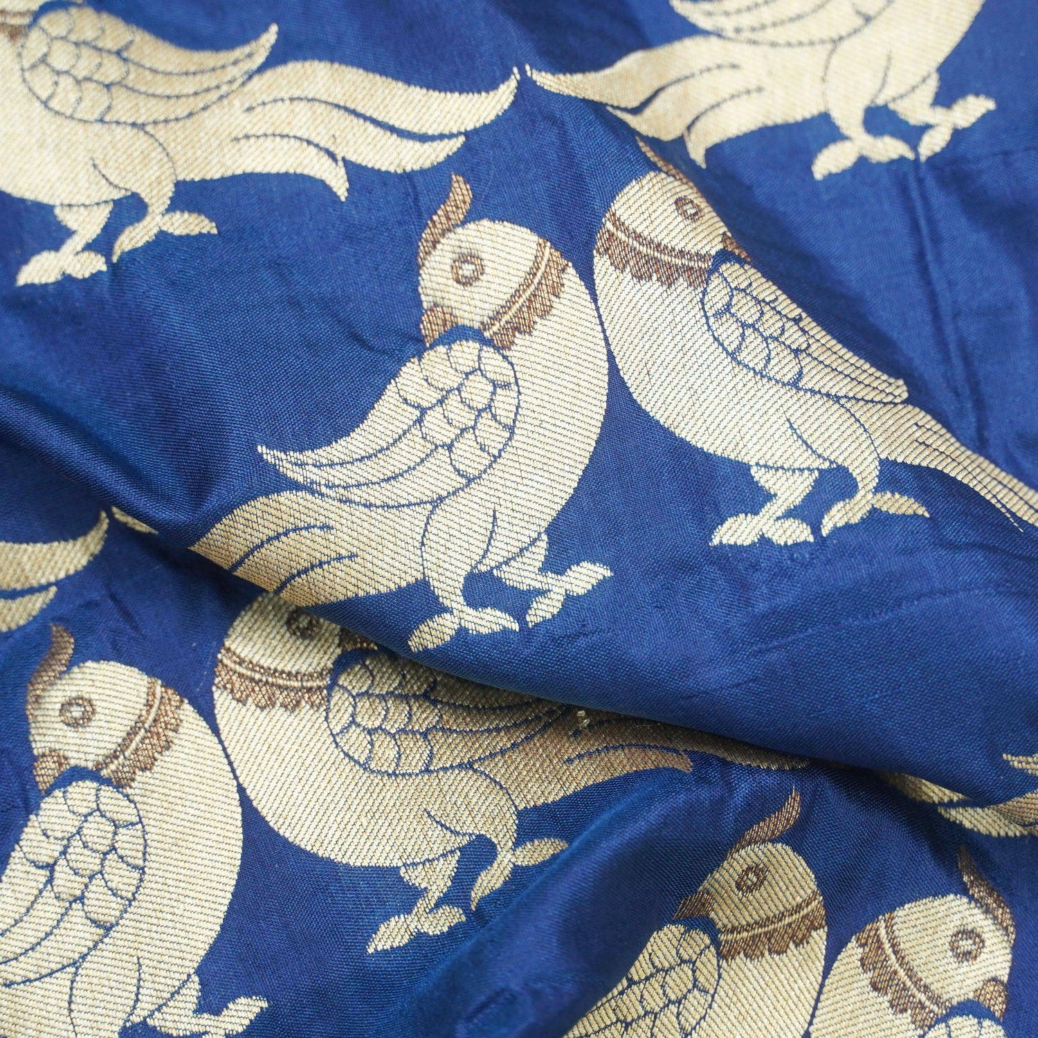 Handwoven Blue Pure Katan Silk Banarasi Bird Fabric