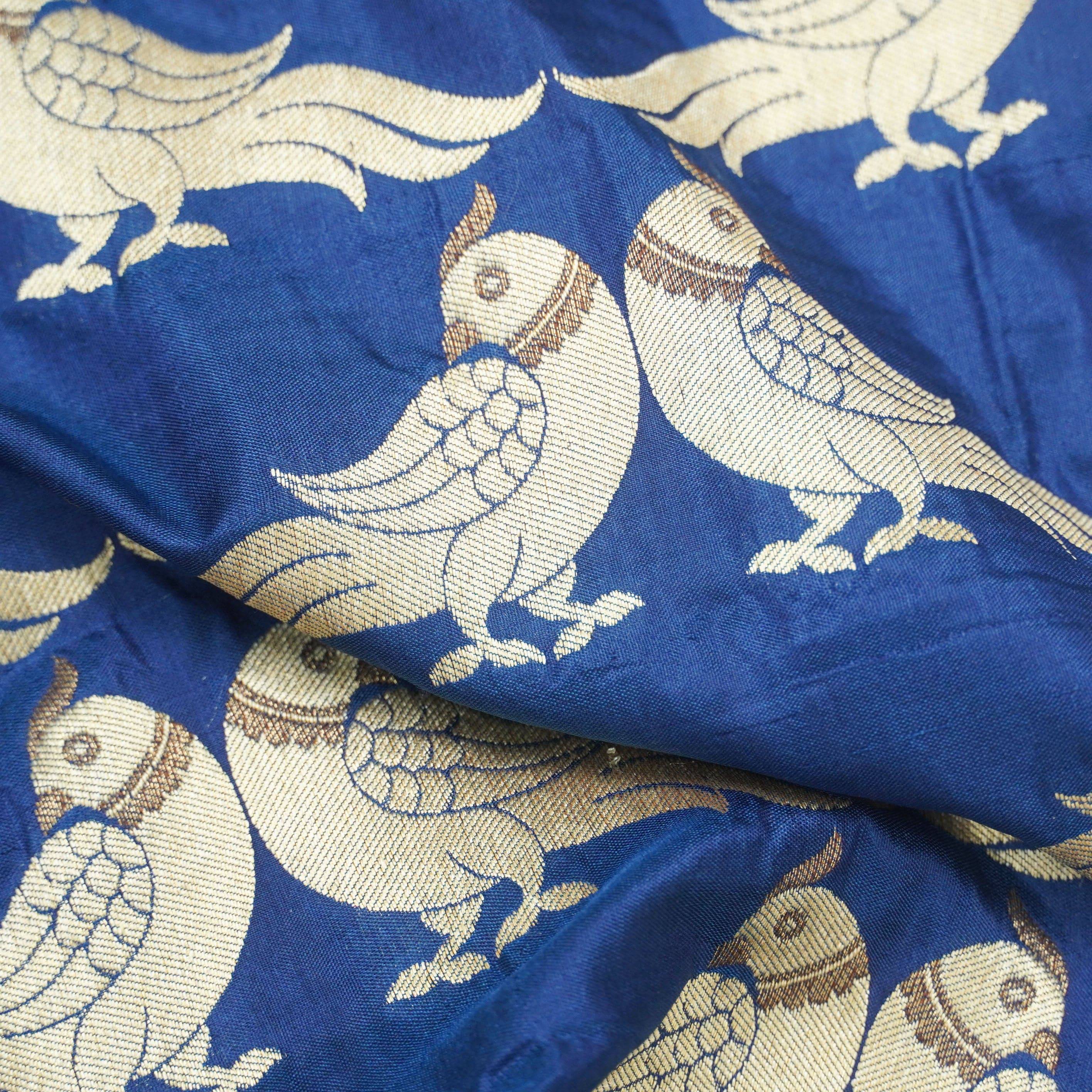 Handwoven Blue Pure Katan Silk Banarasi Bird Fabric