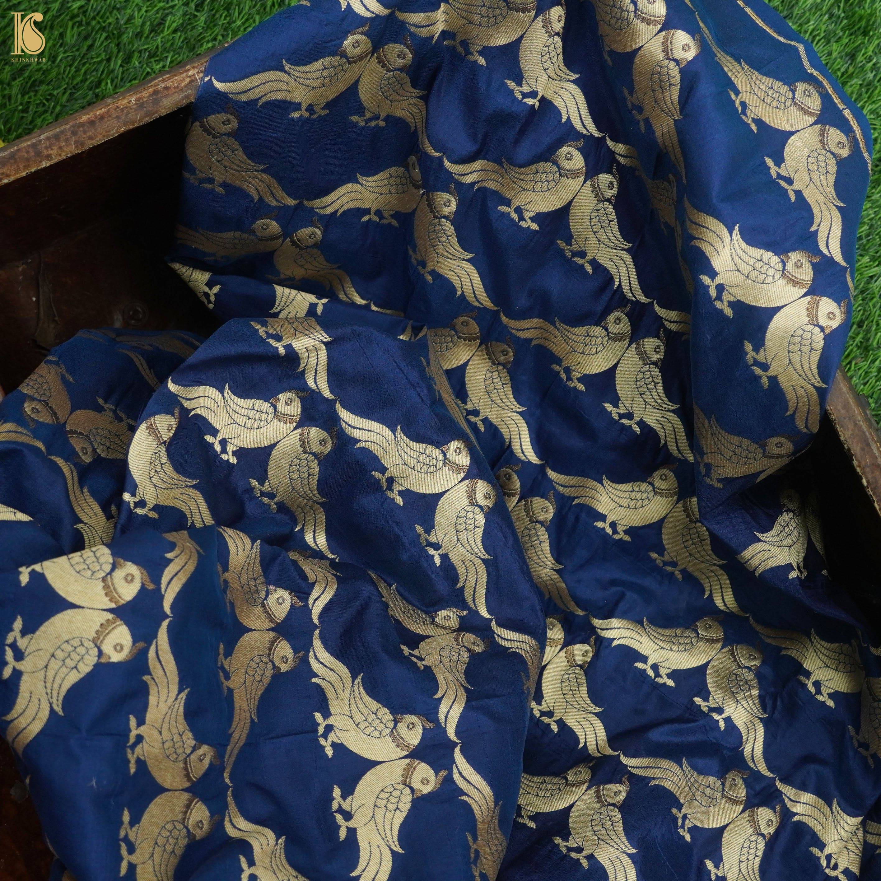 Handwoven Blue Pure Katan Silk Banarasi Bird Fabric
