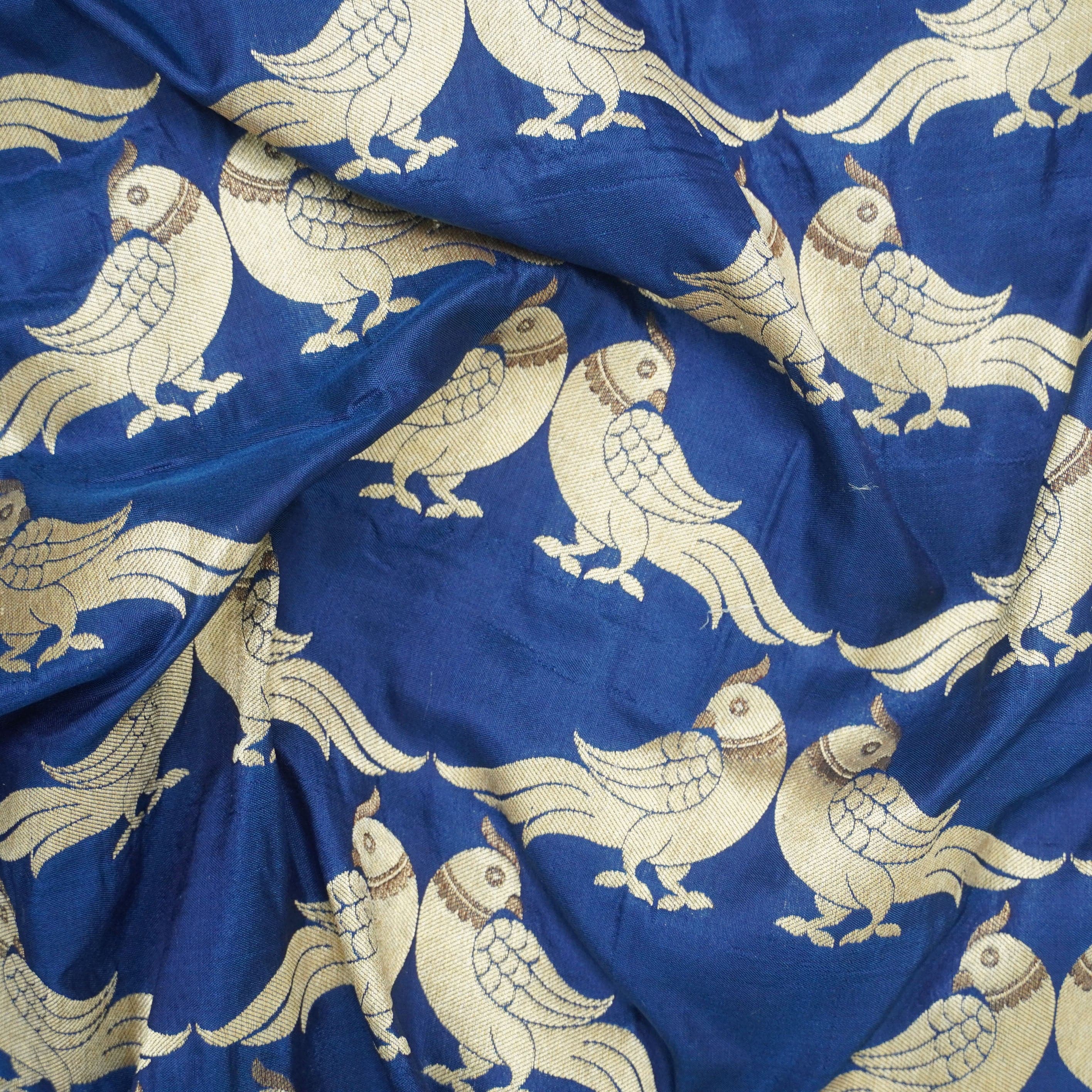 Handwoven Blue Pure Katan Silk Banarasi Bird Fabric