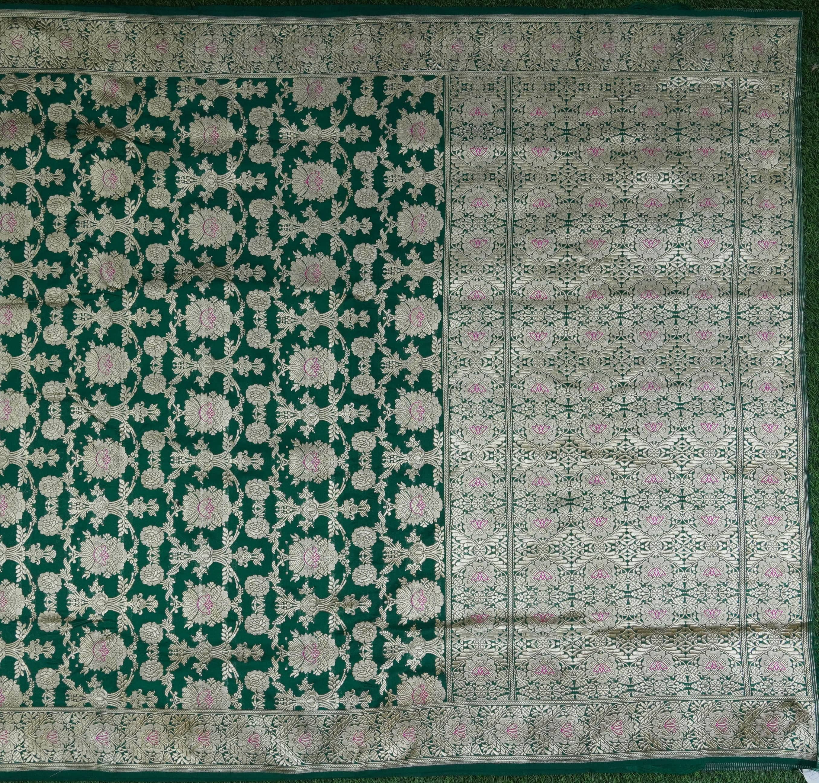 Handwoven Pure Katan Silk Green Mughal Boota Banarasi Saree