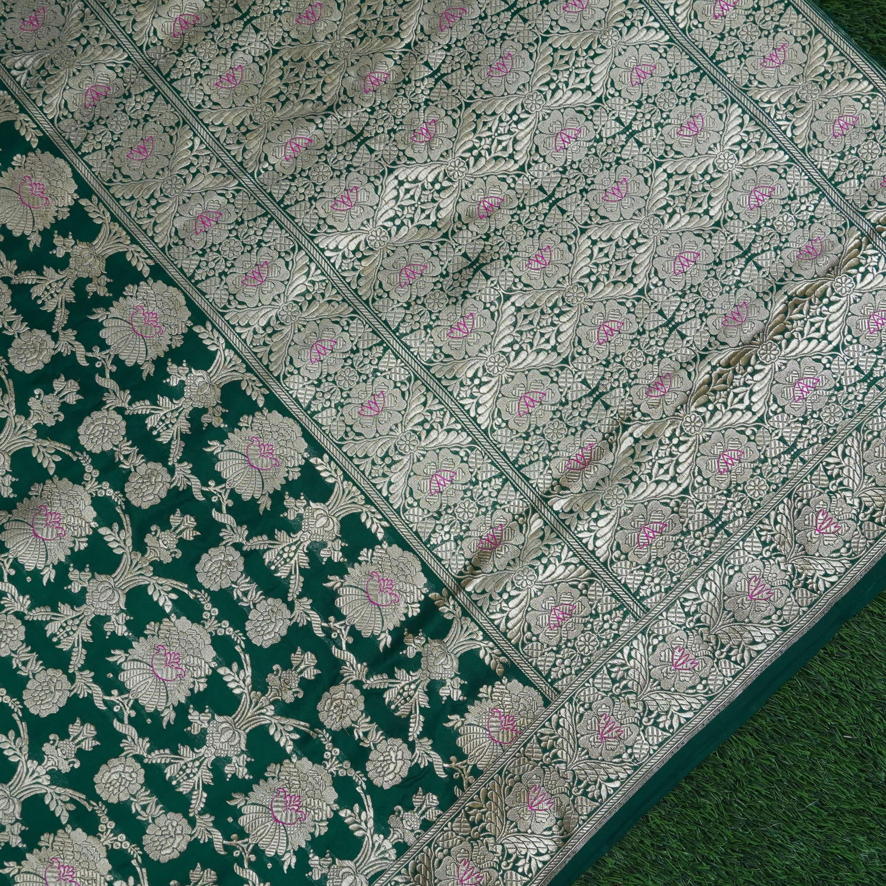 Handwoven Pure Katan Silk Green Mughal Boota Banarasi Saree