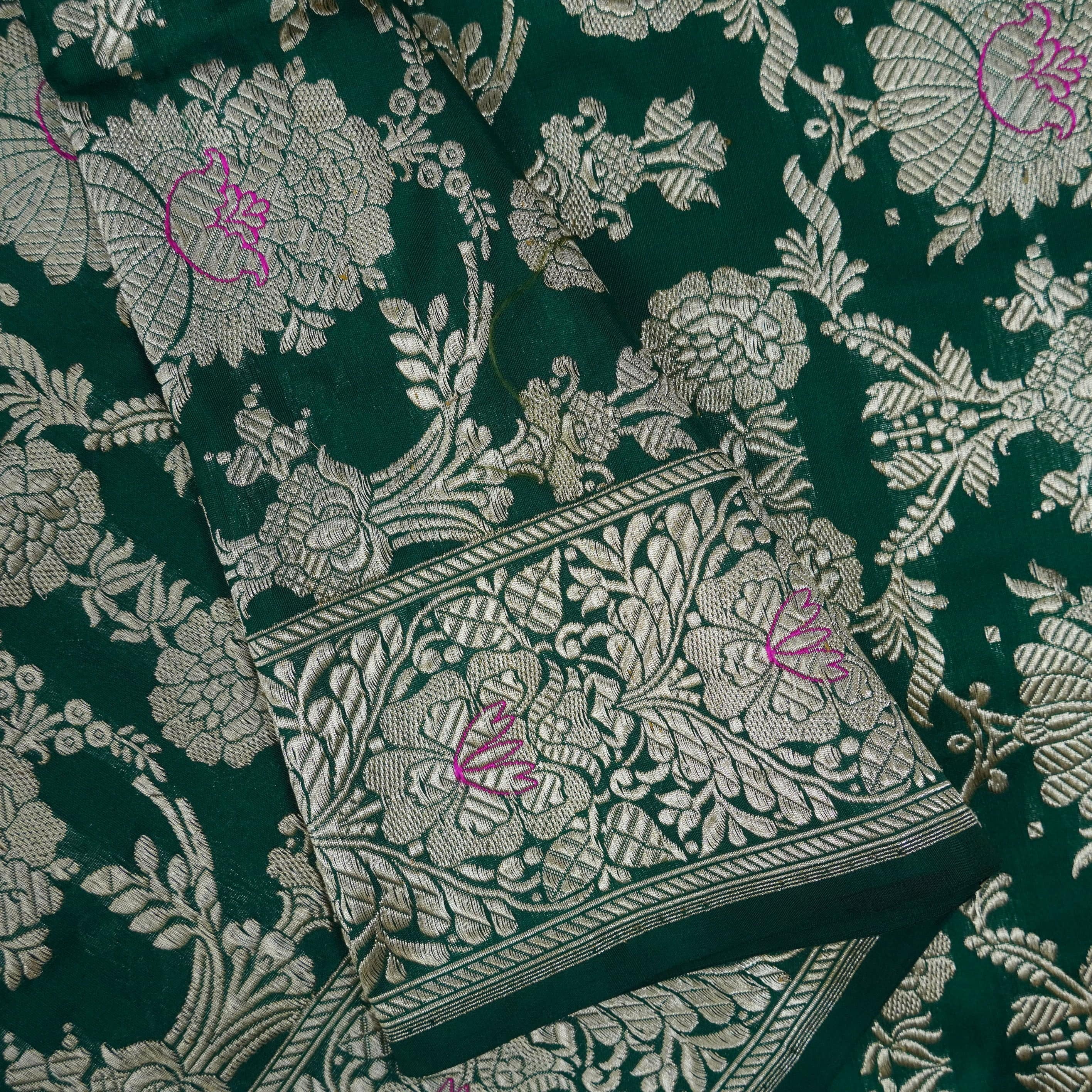 Handwoven Pure Katan Silk Green Mughal Boota Banarasi Saree