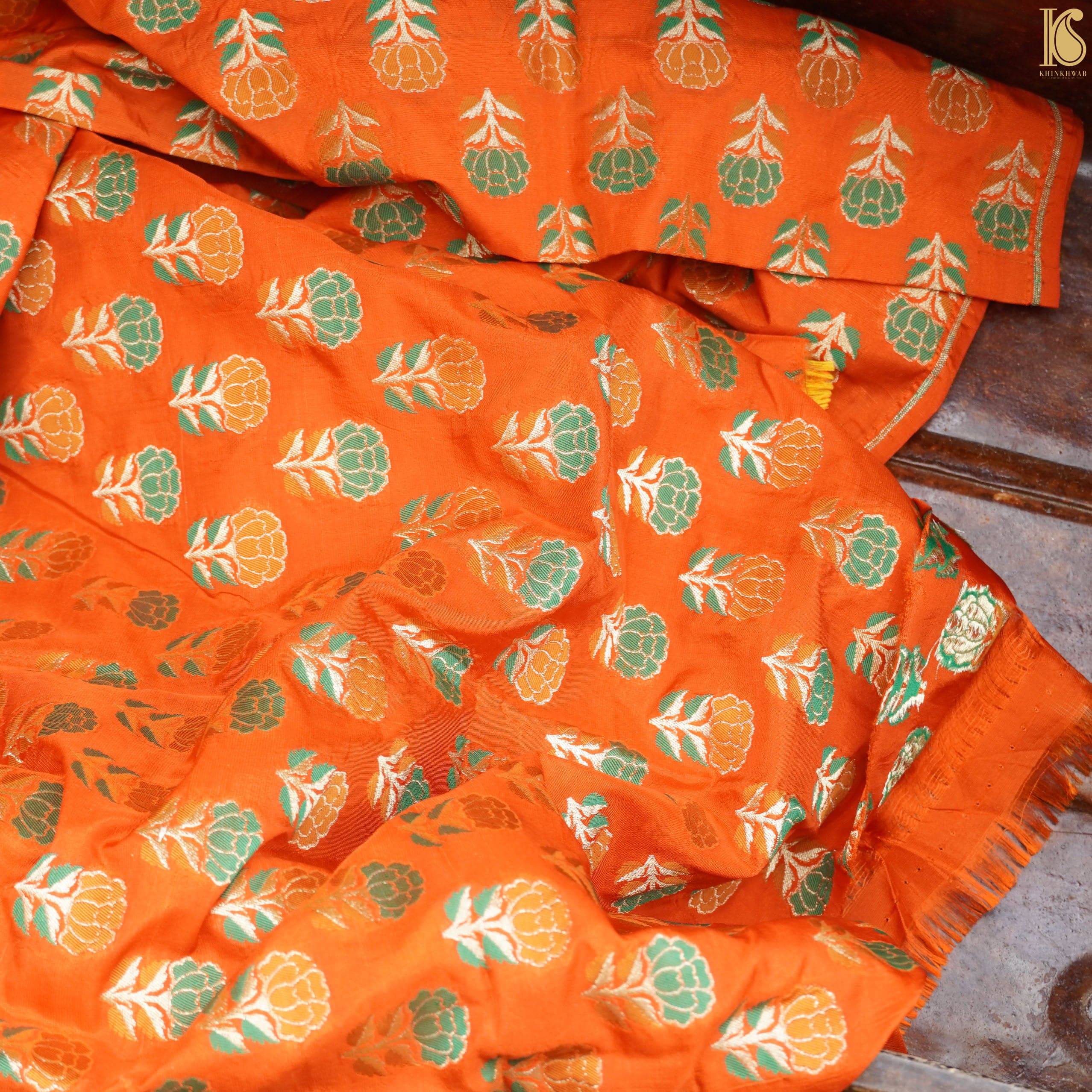 Handwoven Pure Katan Silk Orange Banarasi Blouse Fabric