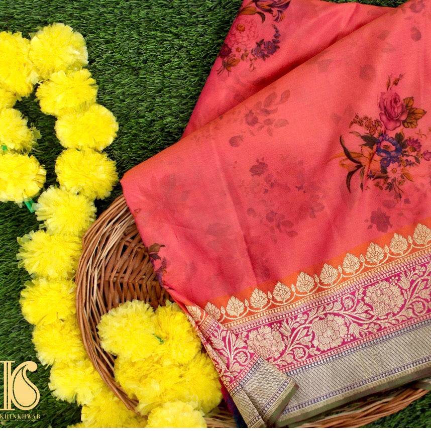 Peach Color Tussar Silk Printed Saree