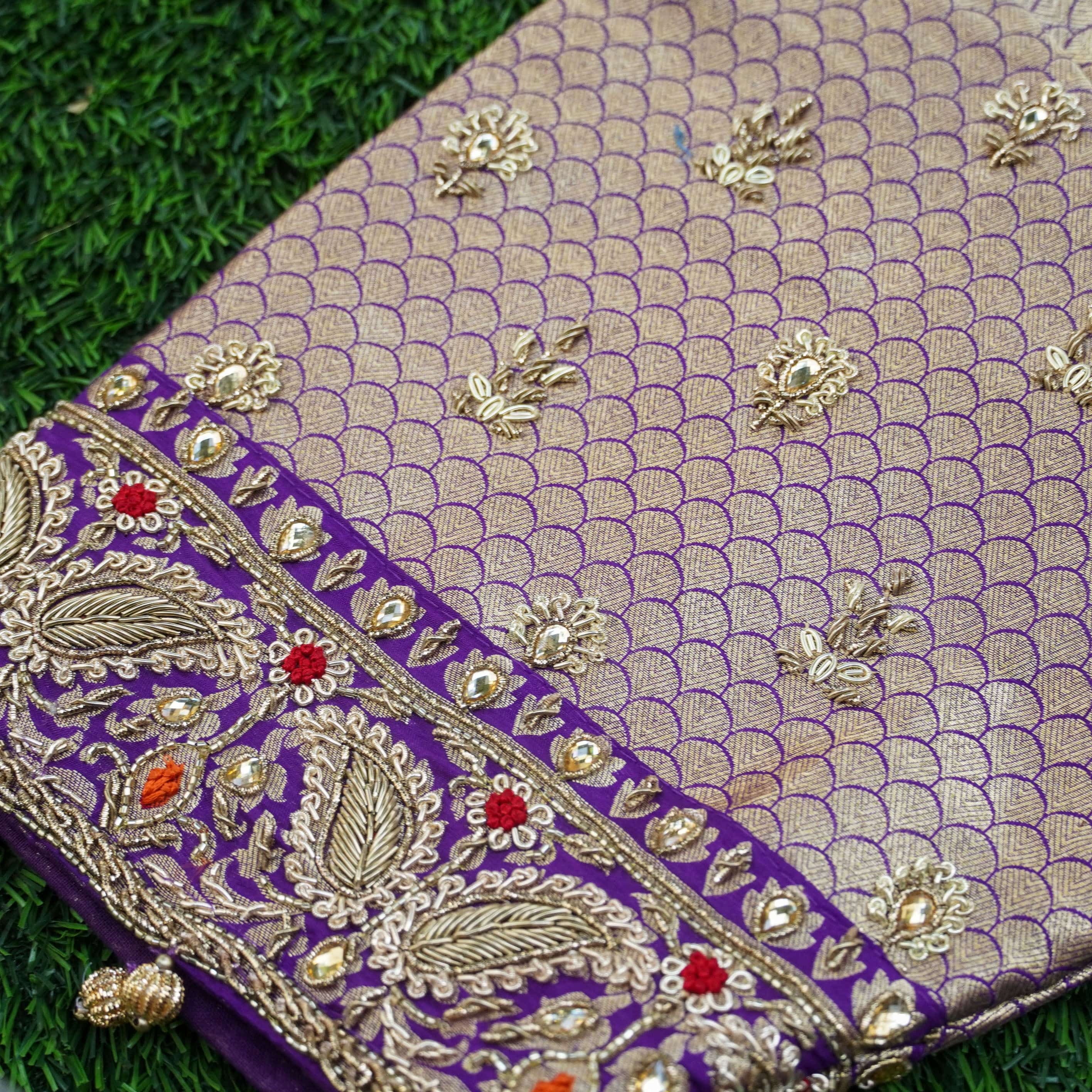Purple Katan Silk Handloom Banarasi Embroidered Stitched Lehenga Set