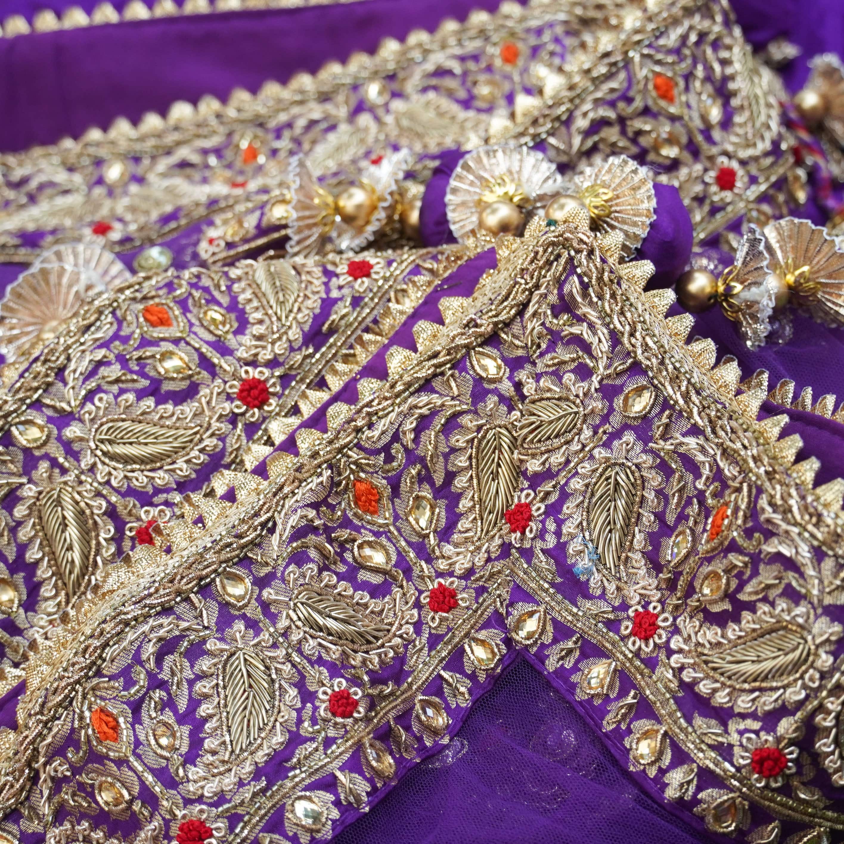 Purple Katan Silk Handloom Banarasi Embroidered Stitched Lehenga Set