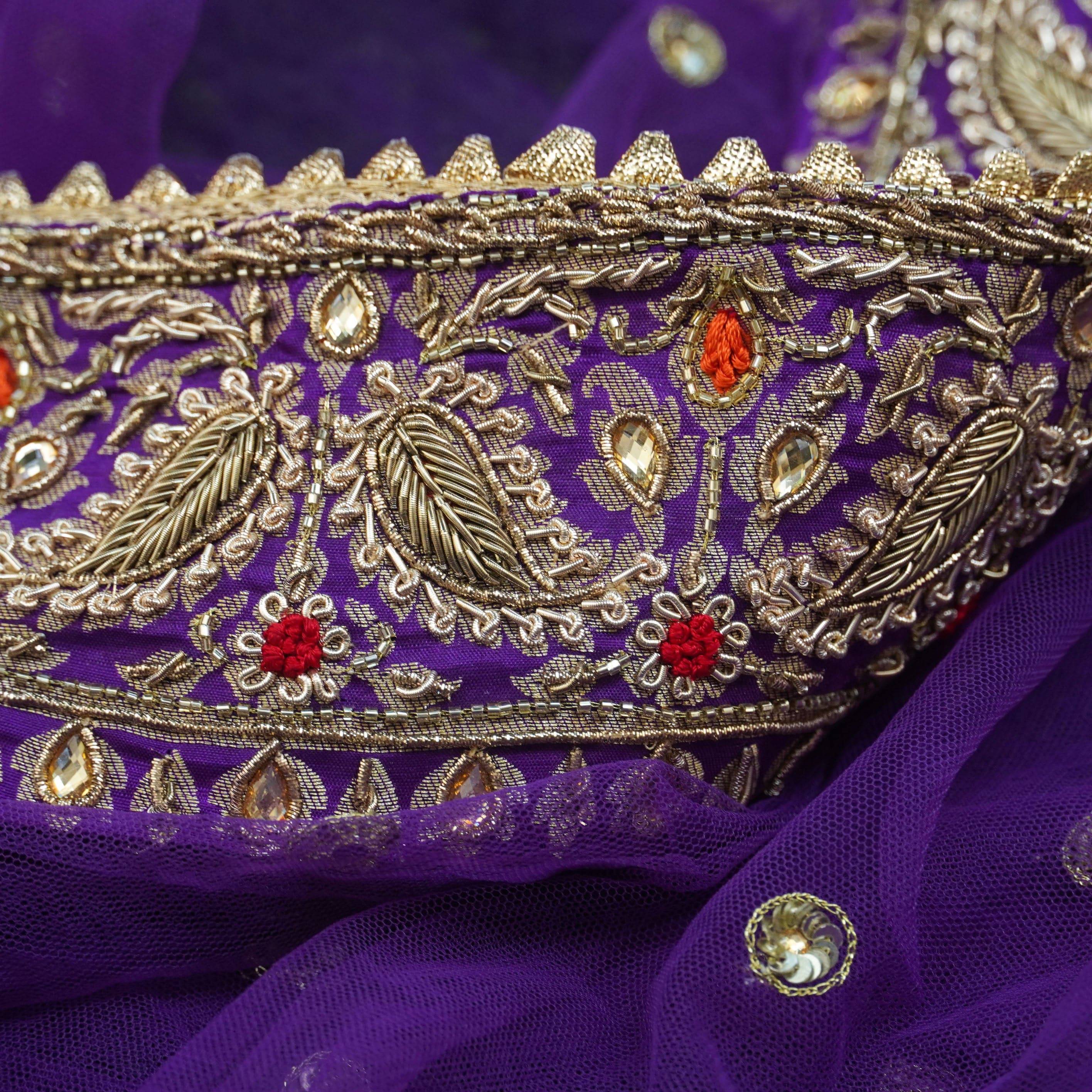 Purple Katan Silk Handloom Banarasi Embroidered Stitched Lehenga Set