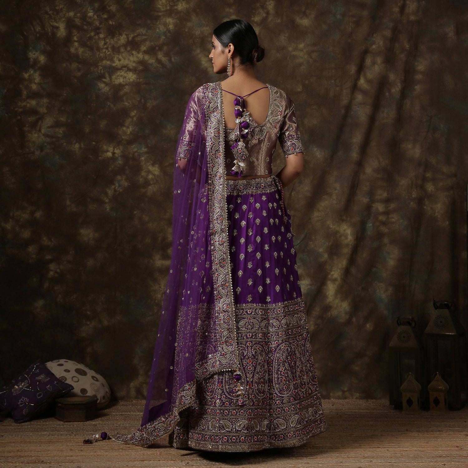Purple Katan Silk Handloom Banarasi Embroidered Stitched Lehenga Set