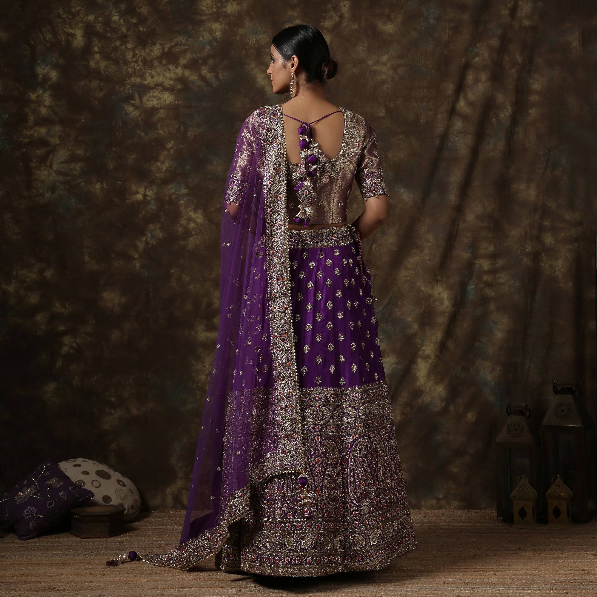 Purple Katan Silk Handloom Banarasi Embroidered Stitched Lehenga Set