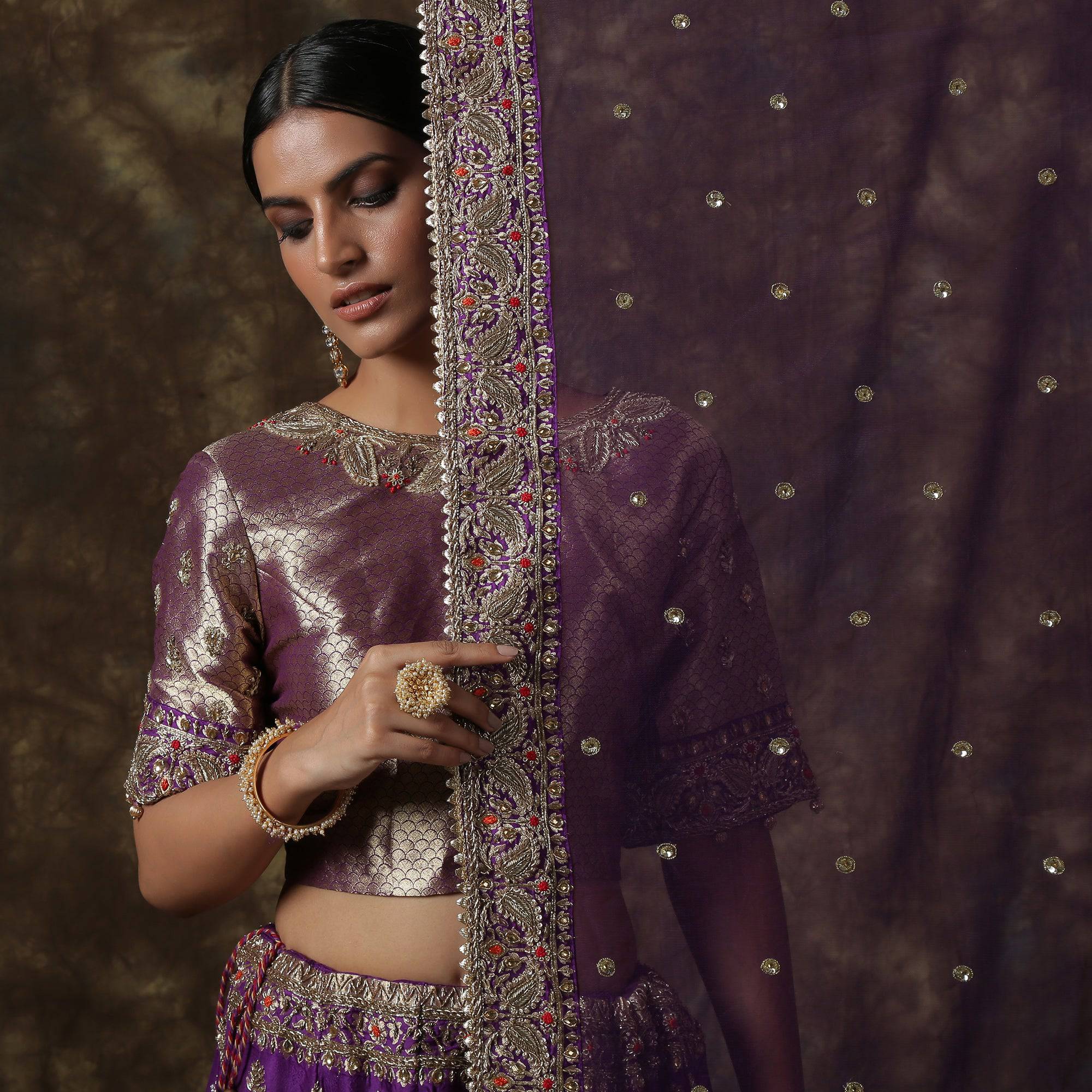 Purple Katan Silk Handloom Banarasi Embroidered Stitched Lehenga Set