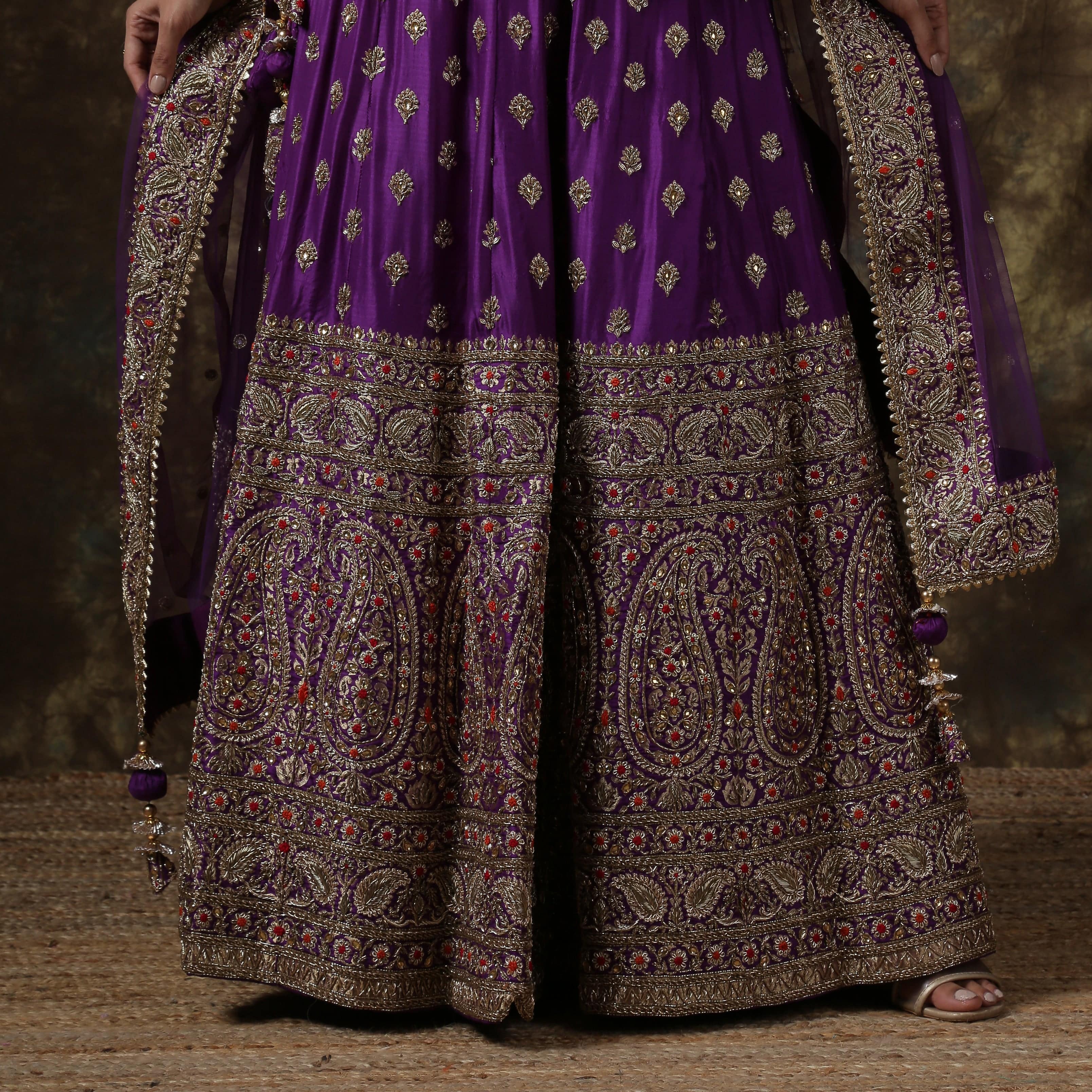 Purple Katan Silk Handloom Banarasi Embroidered Stitched Lehenga Set