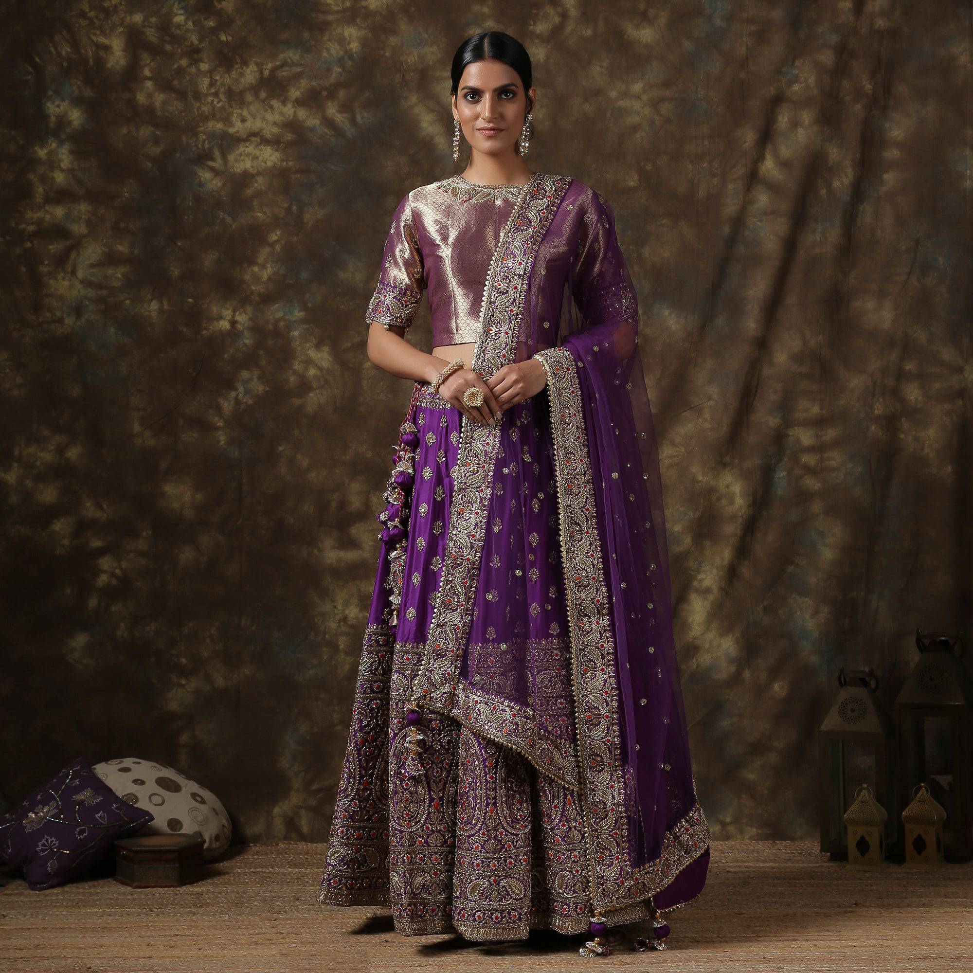 Purple Katan Silk Handloom Banarasi Embroidered Stitched Lehenga Set