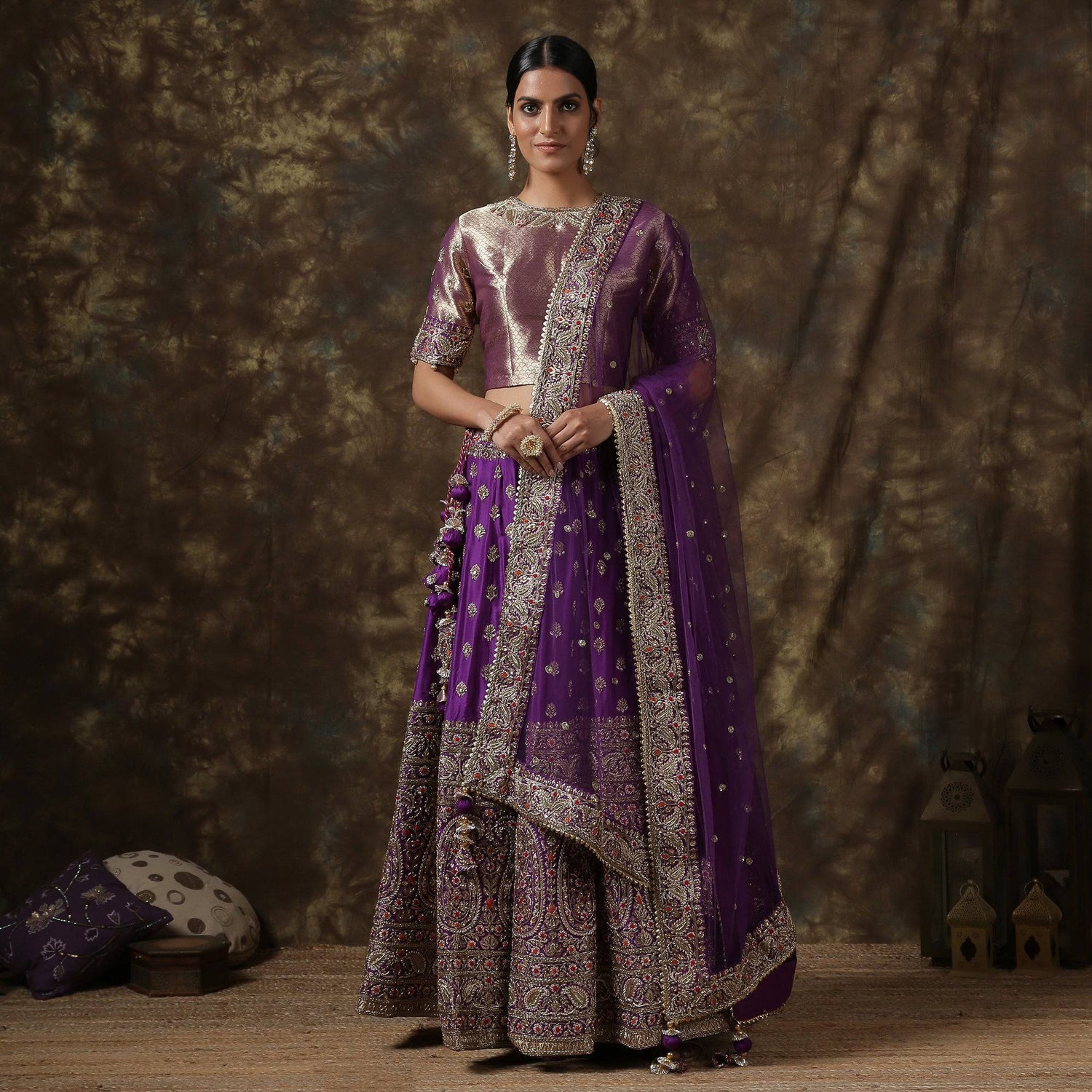 Purple Katan Silk Handloom Banarasi Embroidered Stitched Lehenga Set