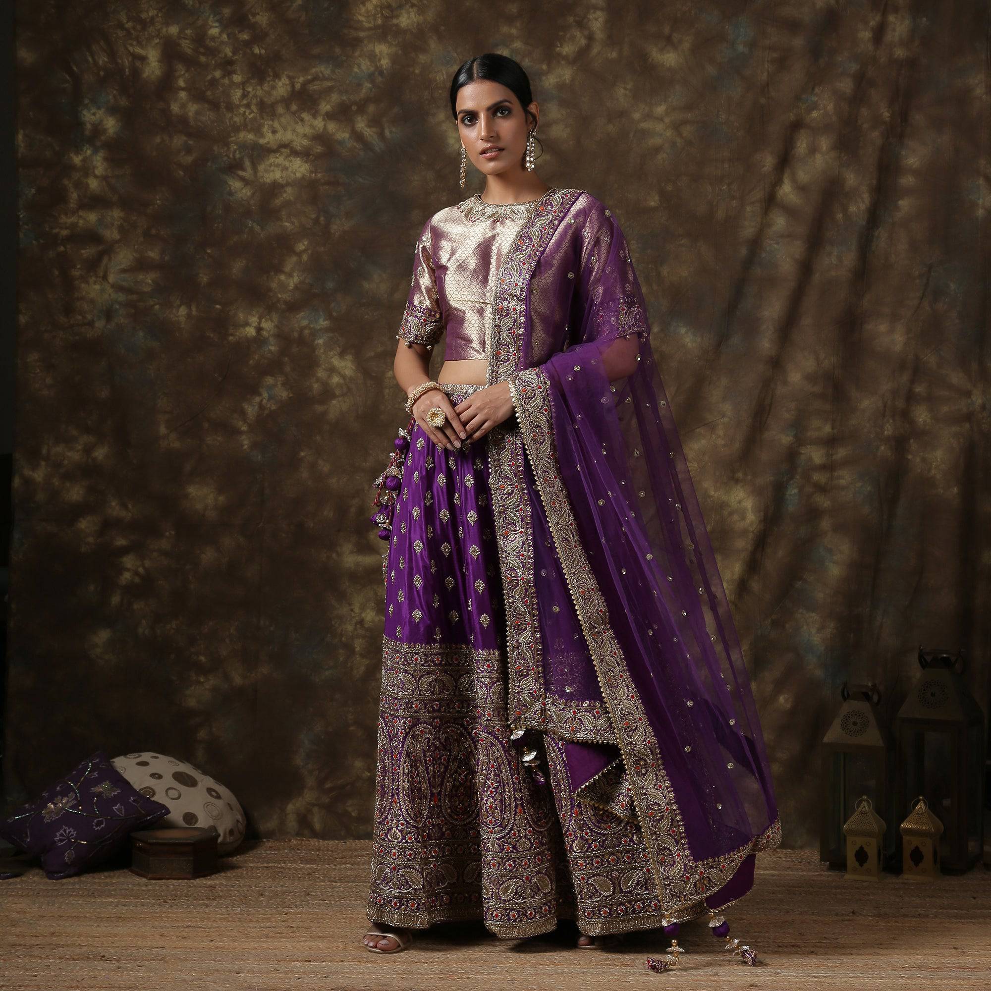 Purple Katan Silk Handloom Banarasi Embroidered Stitched Lehenga Set
