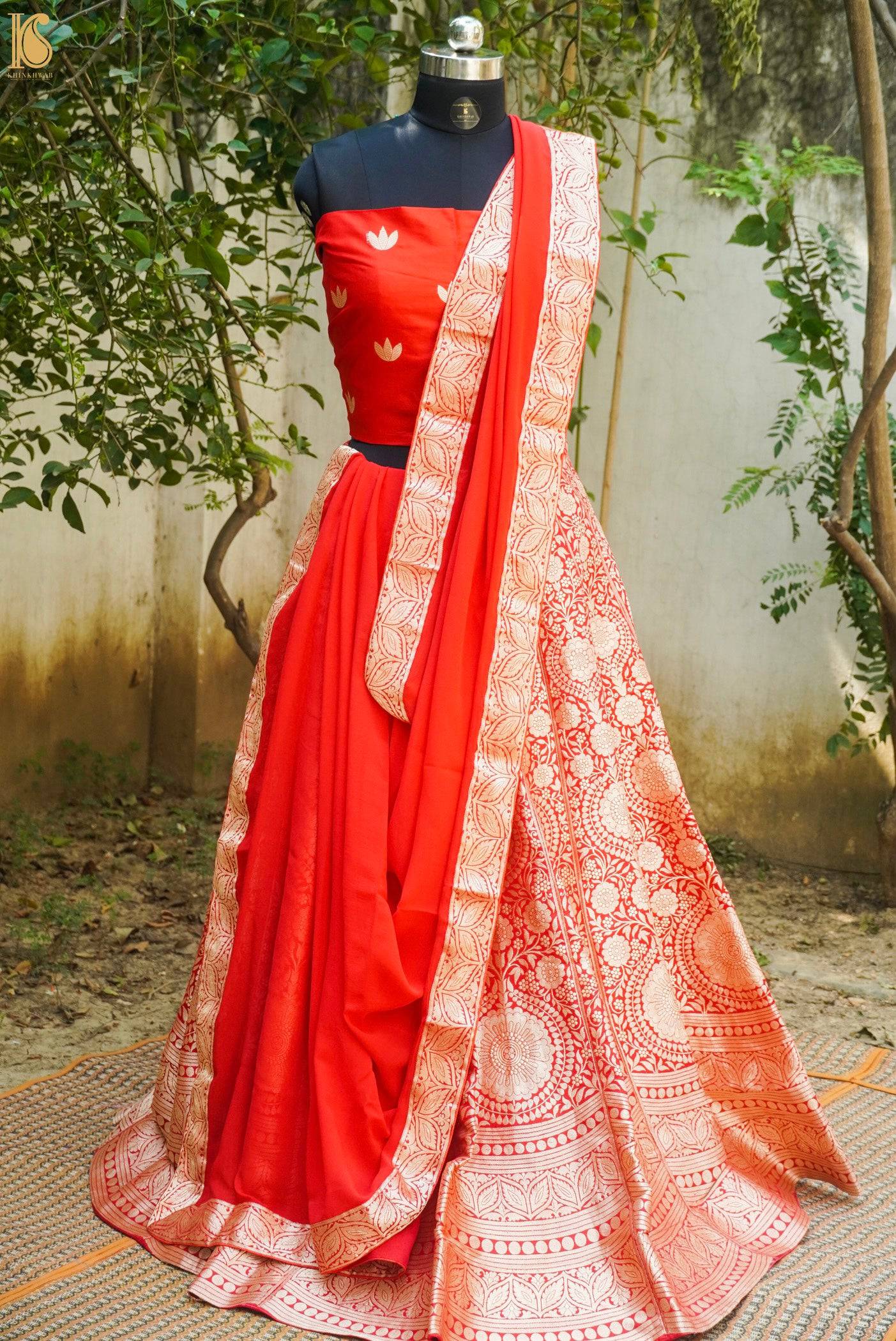 Red Pure Katan Silk Handloom Banarasi Stitched Lehenga