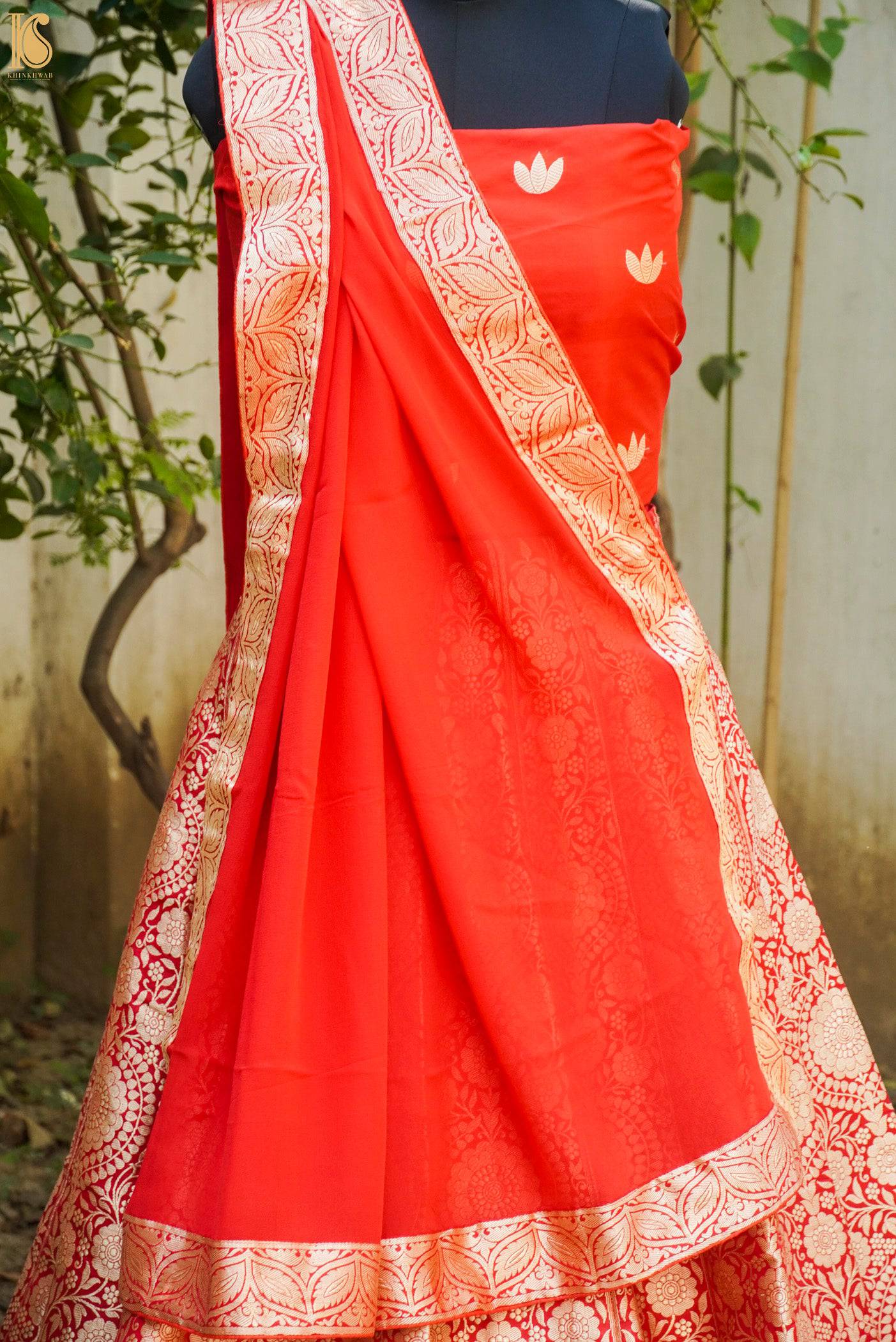 Red Pure Katan Silk Handloom Banarasi Stitched Lehenga