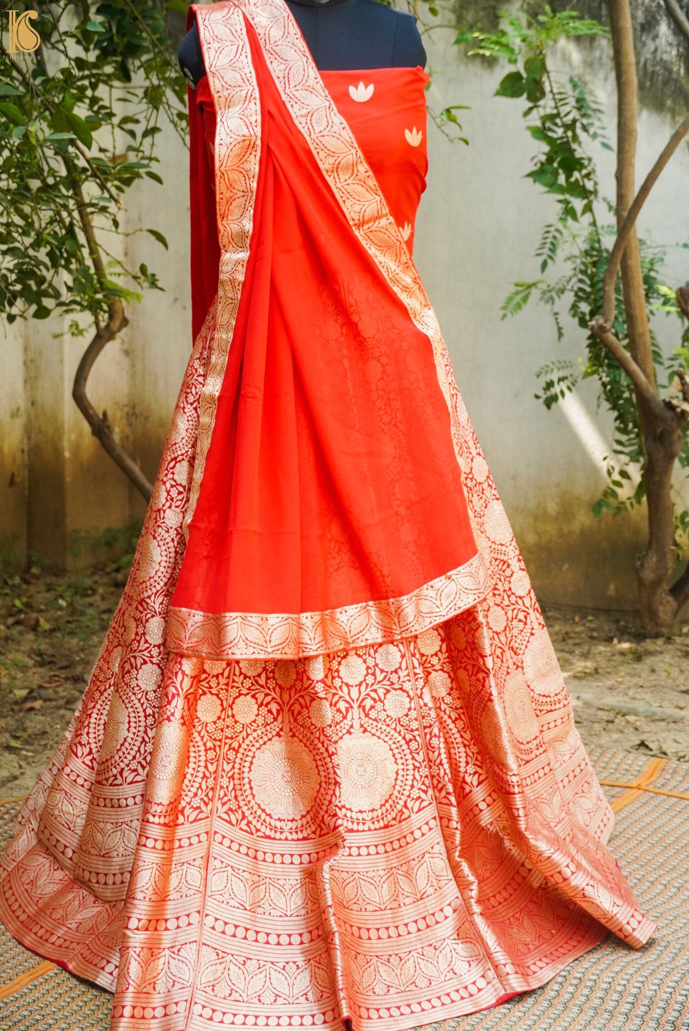 Red Pure Katan Silk Handloom Banarasi Stitched Lehenga