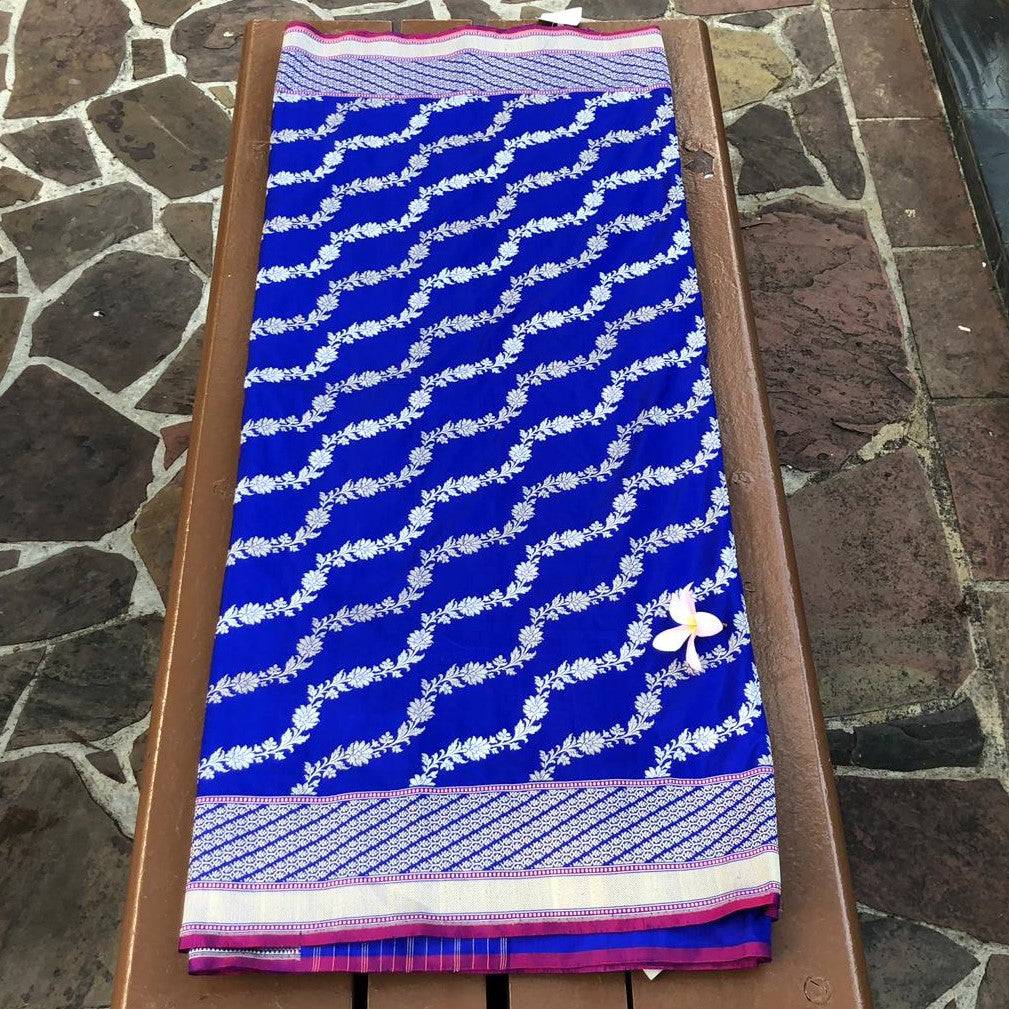 Royal Blue Pure Silk Aada Handwoven Banarasi Saree - Khinkhwab