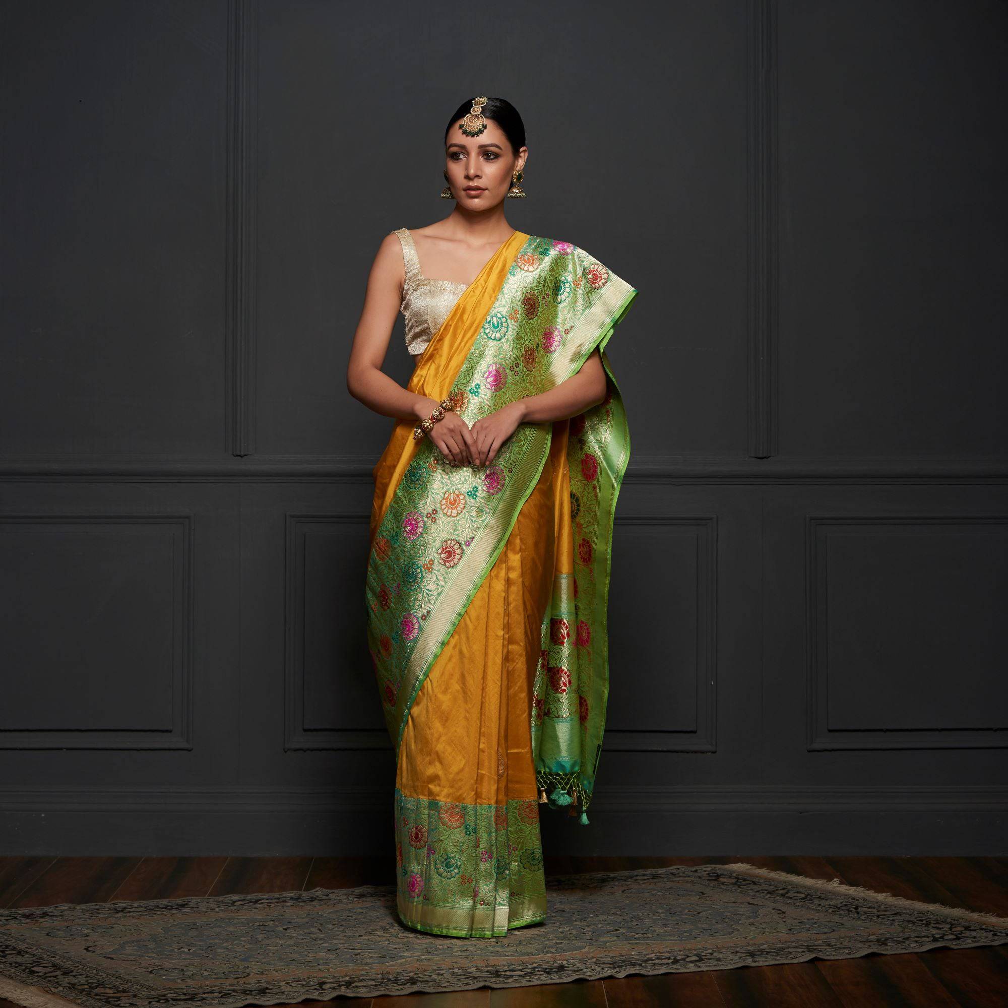 Yellow Pure Katan Silk Handloom Banarasi Saree