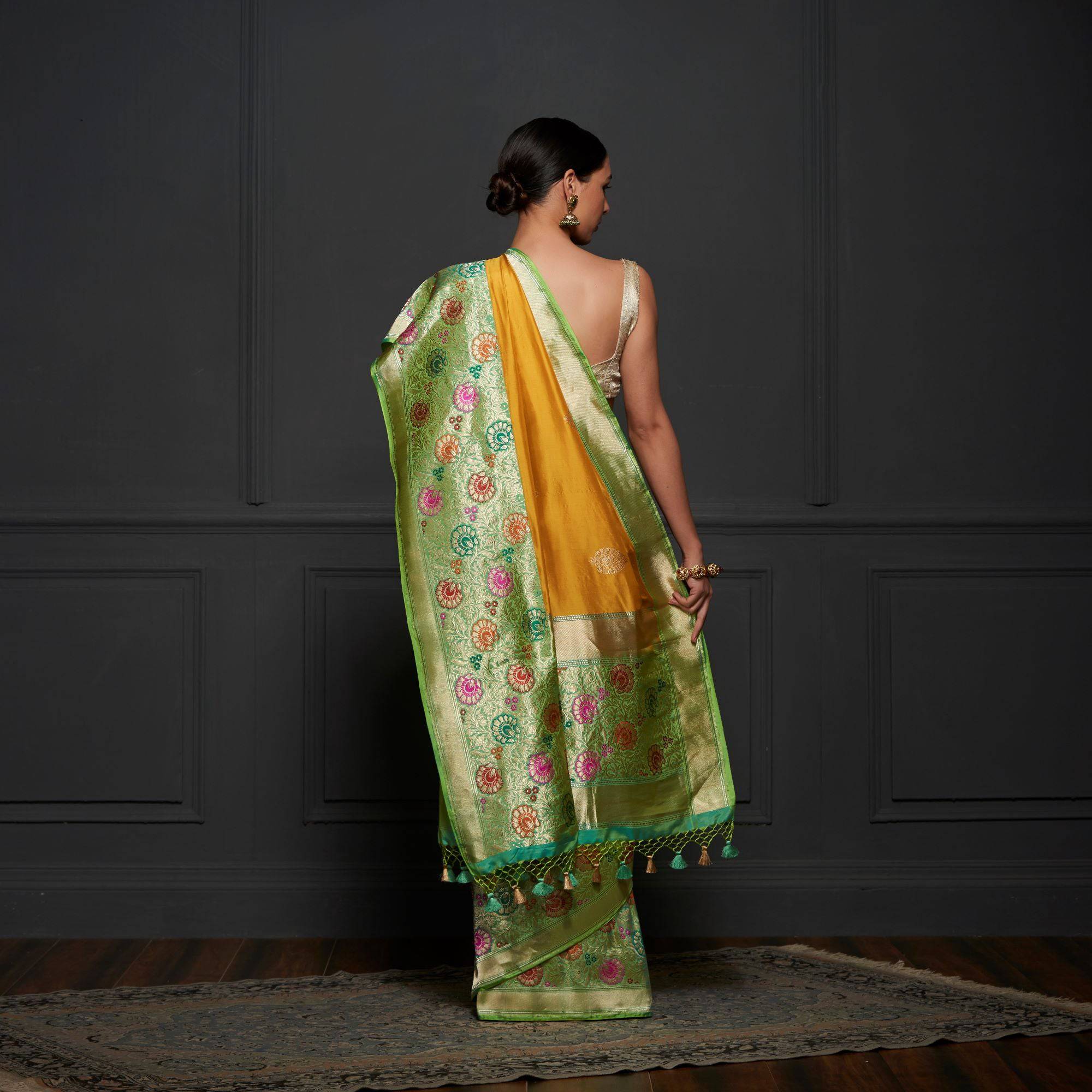 Yellow Pure Katan Silk Handloom Banarasi Saree